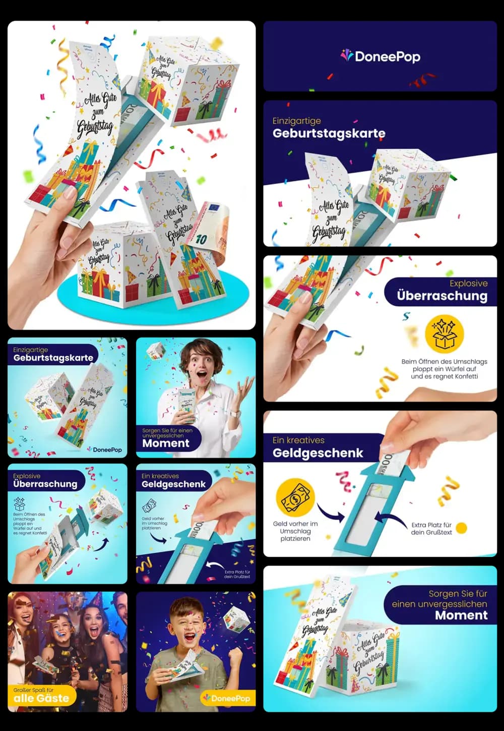 DoneePop Exploding Card, eine einzigartige Geburtstagskarte, die beim Öffnen mit einem Würfel und Konfetti überrascht, ideal als kreatives Geldgeschenk.