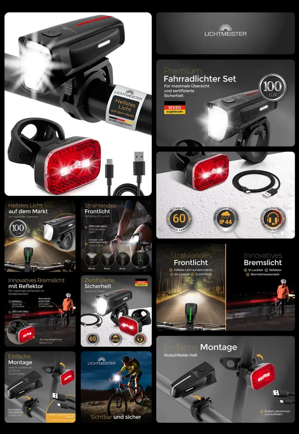 LICHTMEISTER Fahrradlichter Set mit hellem Frontlicht und Rücklicht, wiederaufladbar über USB, für maximale Sicherheit im Straßenverkehr.