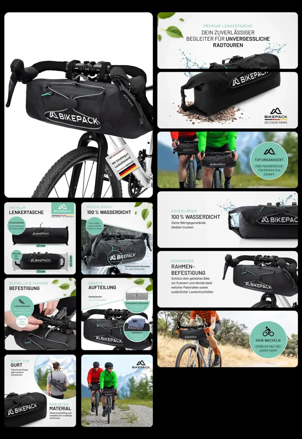 Eine wasserdichte Lenkertasche der Marke BIKEPACK wird in einem umfassenden Bild-Set präsentiert. Die Bilder zeigen die Tasche am Fahrradlenker montiert und im Gebrauch während einer Radtour. Grafiken heben die Eigenschaften wie 100% Wasserdichtigkeit, die schnelle und sichere Befestigung, die Innentaschen-Aufteilung und das kompakte Design hervor.