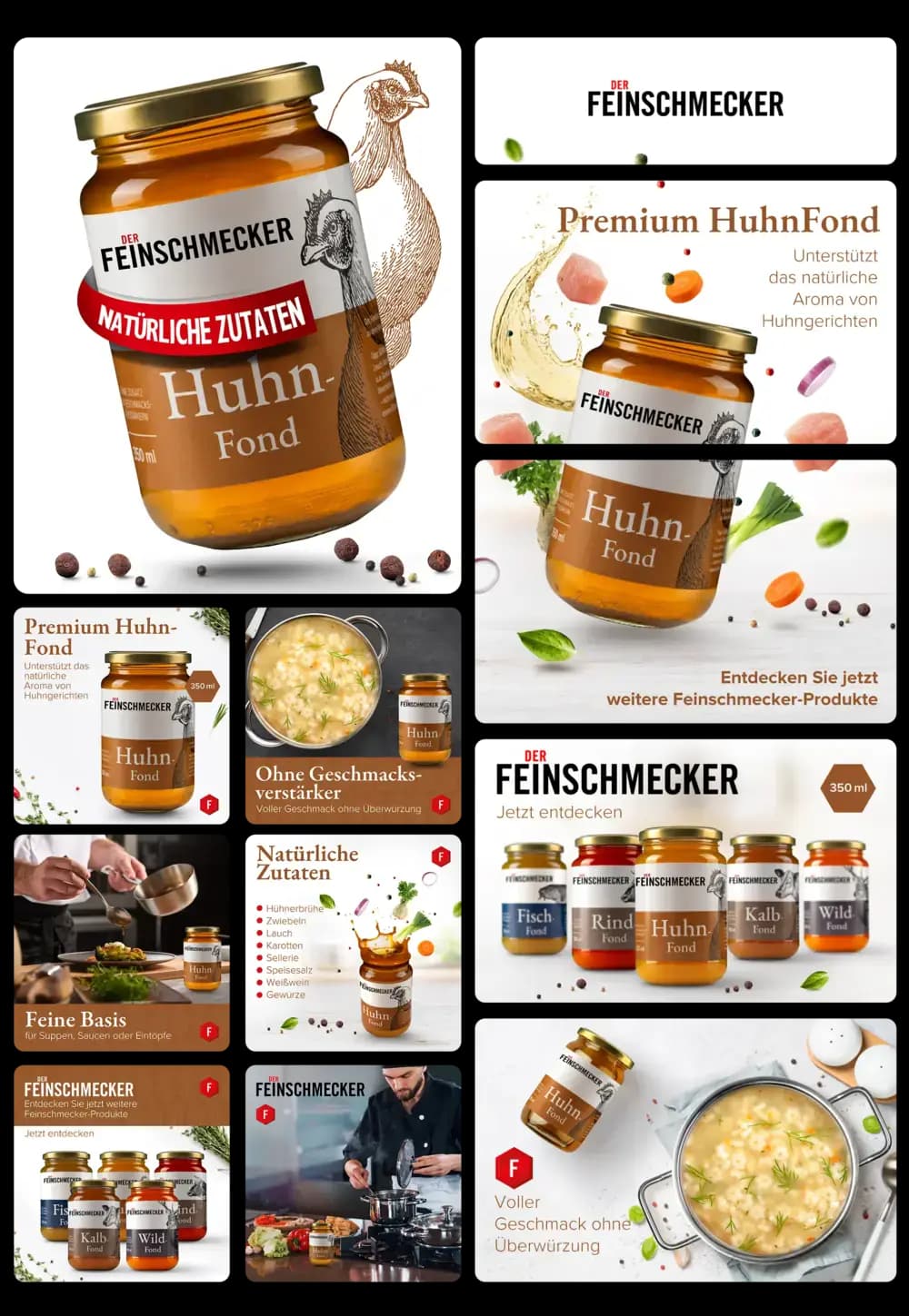 Glas Feinschmecker Premium Hühnerfond mit natürlichen Zutaten, ideal als Suppenbasis und Geschmacksverstärker für Hühnergerichte, präsentiert mit frischen Zutaten und Suppen.