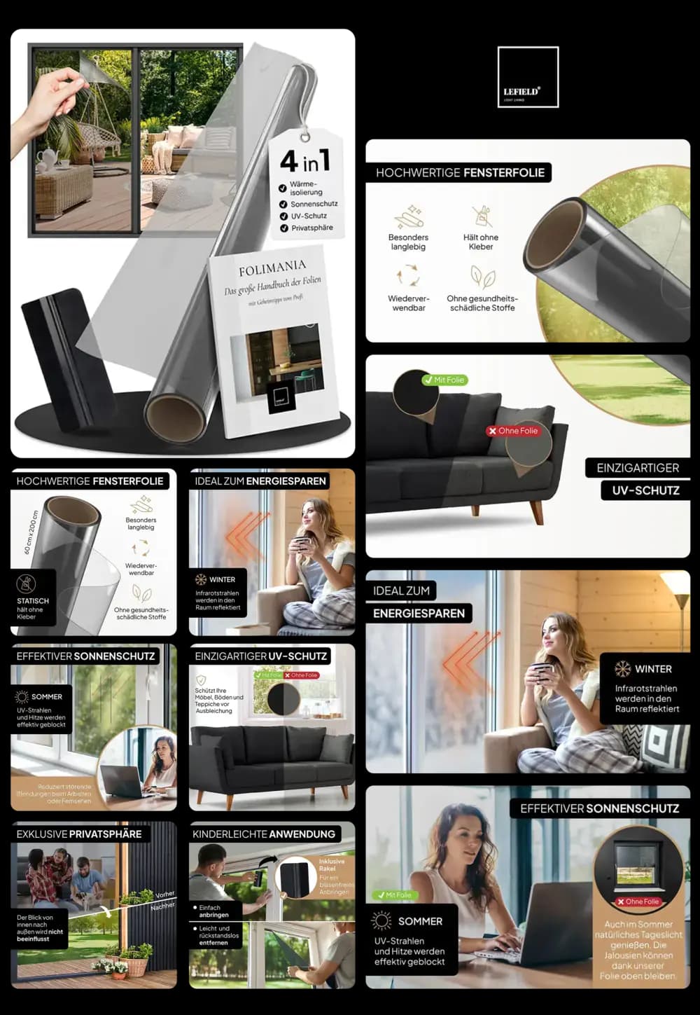 LEFIELD Fensterfolie, 4-in-1, mit Sonnen-, UV- und Hitzeschutz, ideal zum Energiesparen und für mehr Privatsphäre.