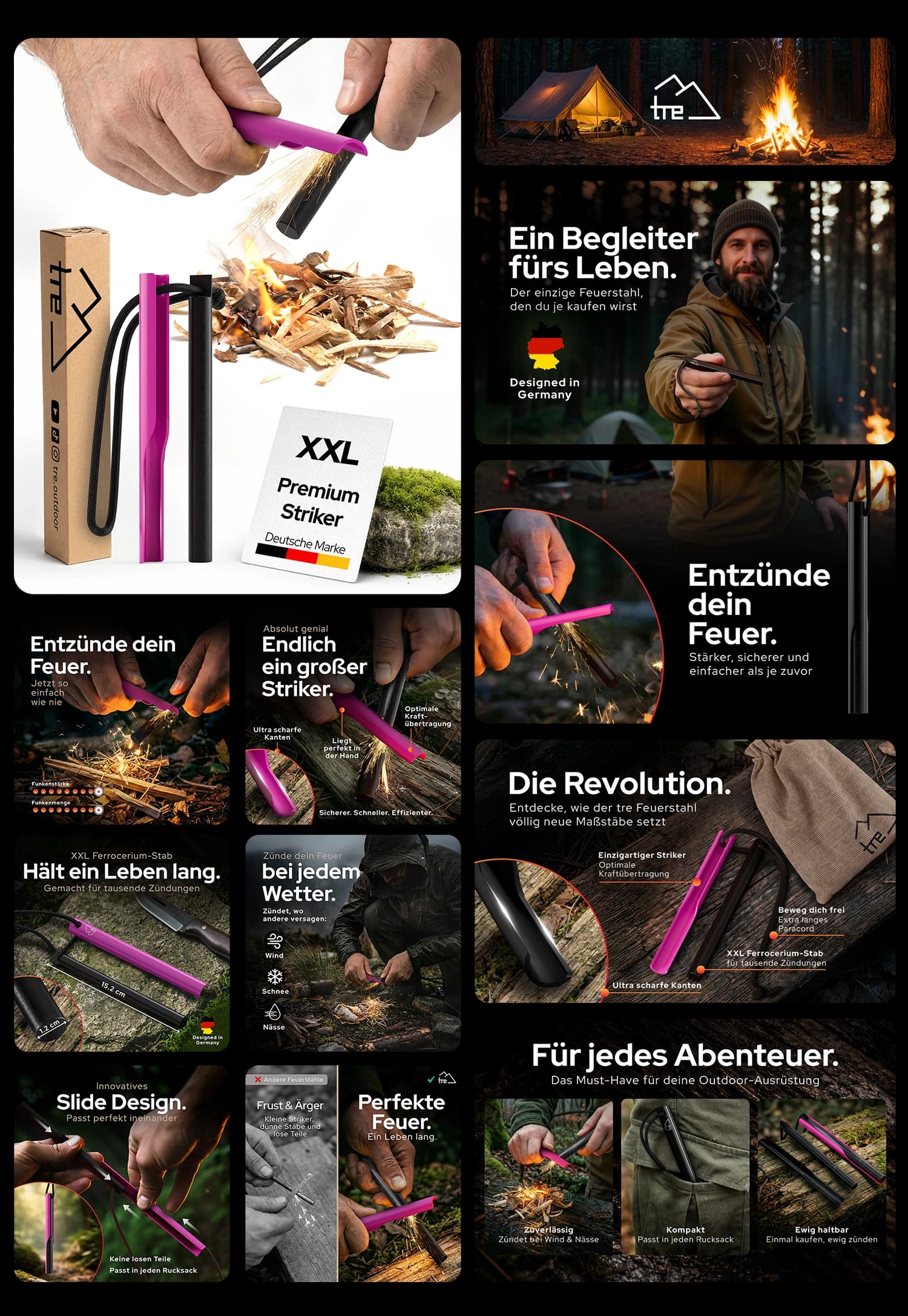 tre Feuerstahl XXL mit Premium Striker Schaber für Outdoor Camping Survival und Bushcraft