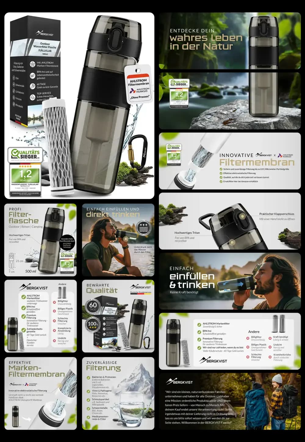 BERGVIST Filterflasche mit innovativer Filtermembran, ideal für Outdoor-Aktivitäten, zum Filtern von Viren, Bakterien und Protozoen aus Wasser.