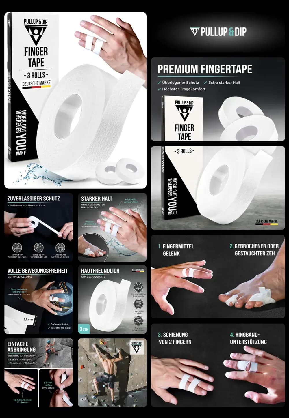 Drei Rollen weißes Pullup & Dip Premium Fingertape für zuverlässigen Schutz, starken Halt und Bewegungsfreiheit bei Sportarten wie Klettern und Gewichtheben.