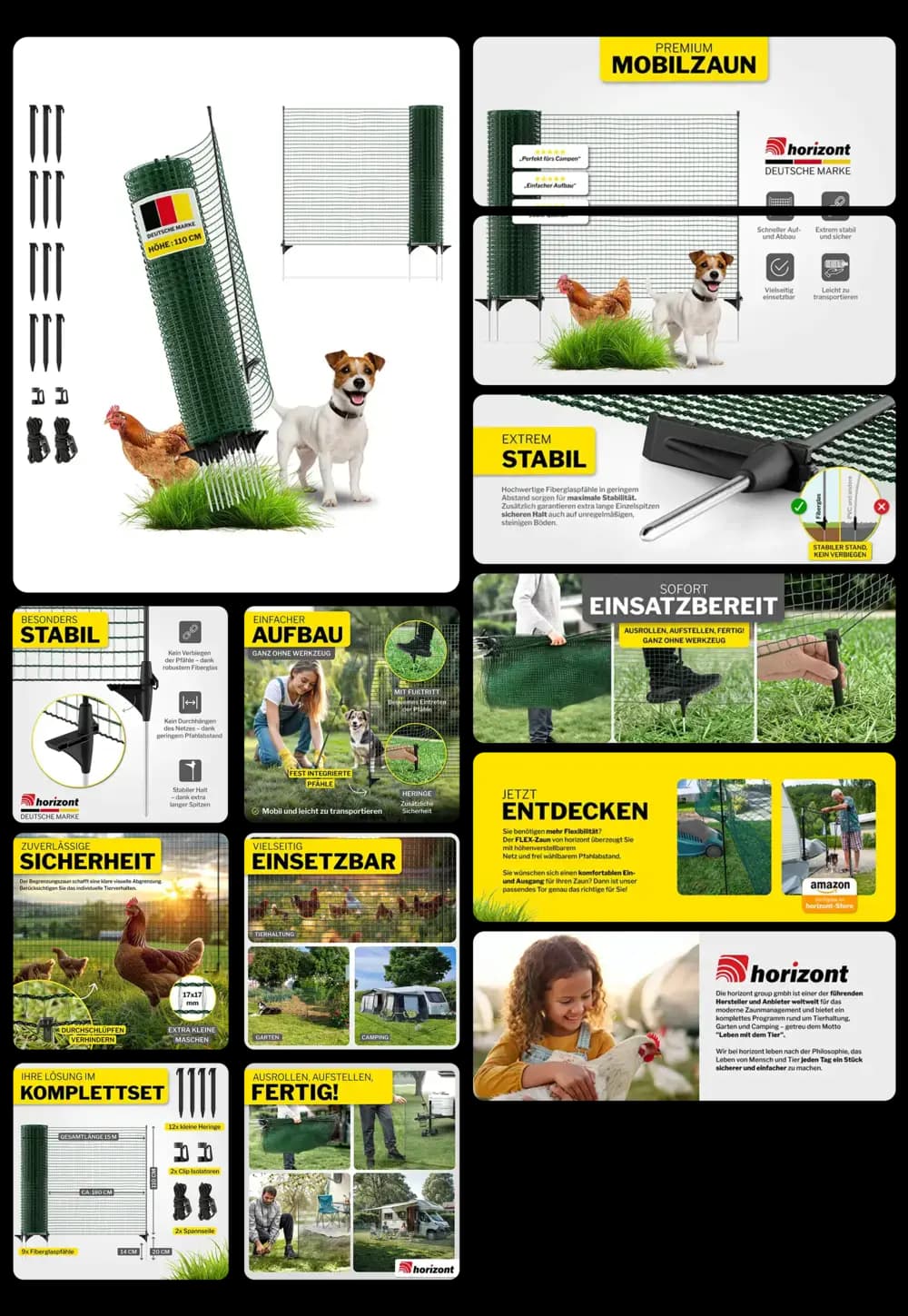 Ein mobiler Zaun der Marke HORIZONT wird in einem detaillierten Bild-Set präsentiert. Es zeigt das Produkt in seiner Verpackung, aufgebaut im Garten, um Hunde und Hühner einzuzäunen. Grafiken heben die Eigenschaften wie die einfache Montage ohne Werkzeug, die extreme Stabilität der Pfähle und die vielseitige Einsetzbarkeit für Haustiere und Kleintiere hervor.