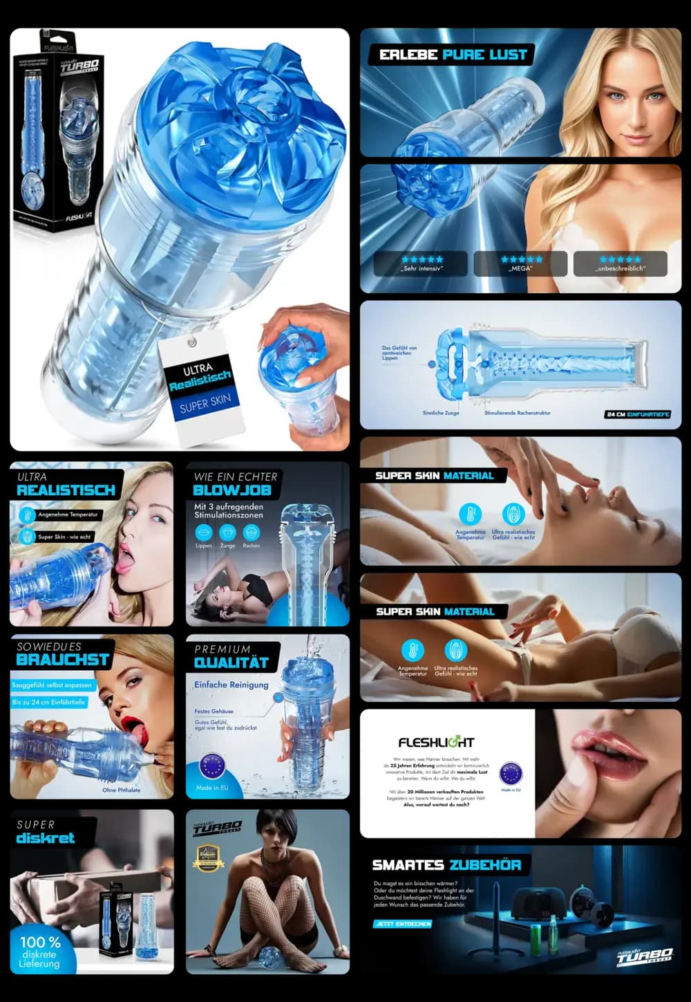 Produktbild des Masturbators "Fleshlight Turbo". Das Gerät hat ein schwarzes, taschenlampenartiges Gehäuse mit sichtbarem Logo und eine realistische, hautfarbene Öffnung.