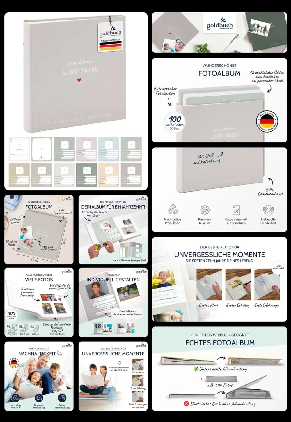 Ein Fotoalbum der Marke goldbuch wird in einem detaillierten Bild-Set vorgestellt. Es zeigt das Album in verschiedenen Ansichten und Farben. Die Bilder heben die Eigenschaften hervor, wie die hochwertige Leinenbindung, die Möglichkeit zur individuellen Gestaltung, die Verfügbarkeit in verschiedenen Farben und die Seiten für zusätzliche Fotokarten.