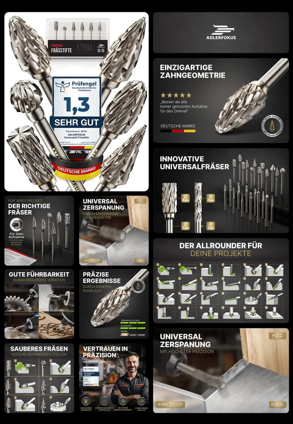 ADLERFOKUS Frässtifte aus Hartmetall, für Holz, Kunststoff und Stahl, mit einzigartiger Zahngeometrie.