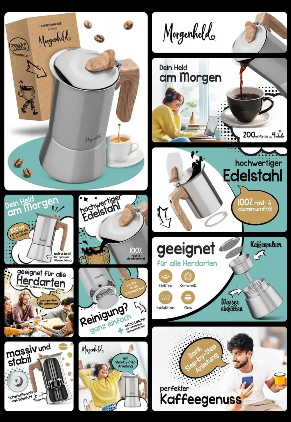 Morgenheld French Press Kaffeebereiter aus hochwertigem Edelstahl mit Thermoeffekt, für die Zubereitung von Kaffee oder Tee.