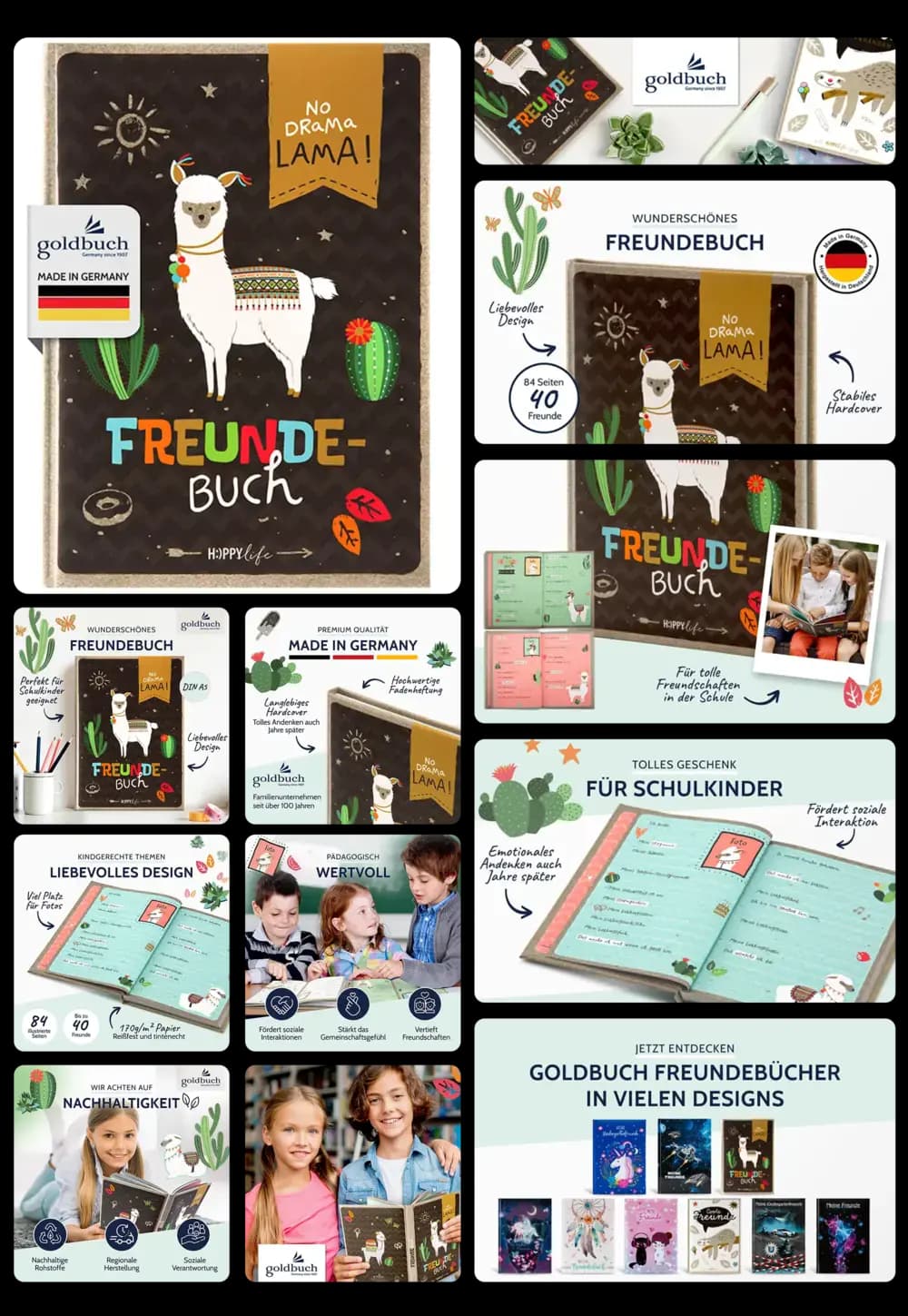 Ein Freundebuch für Kinder der Marke goldbuch mit dem Motiv eines Lamas wird in einem umfassenden Bild-Set dargestellt. Es zeigt das Buch in Nahaufnahme, im Gebrauch bei Kindern und Jugendlichen in der Schule. Grafiken heben die Eigenschaften wie das liebevolle Design, die stabile Hardcover-Bindung und die Qualität des Papiers hervor. Es wird gezeigt, dass das Buch für 40 Freunde Platz bietet und die soziale Interaktion zwischen Kindern fördert.