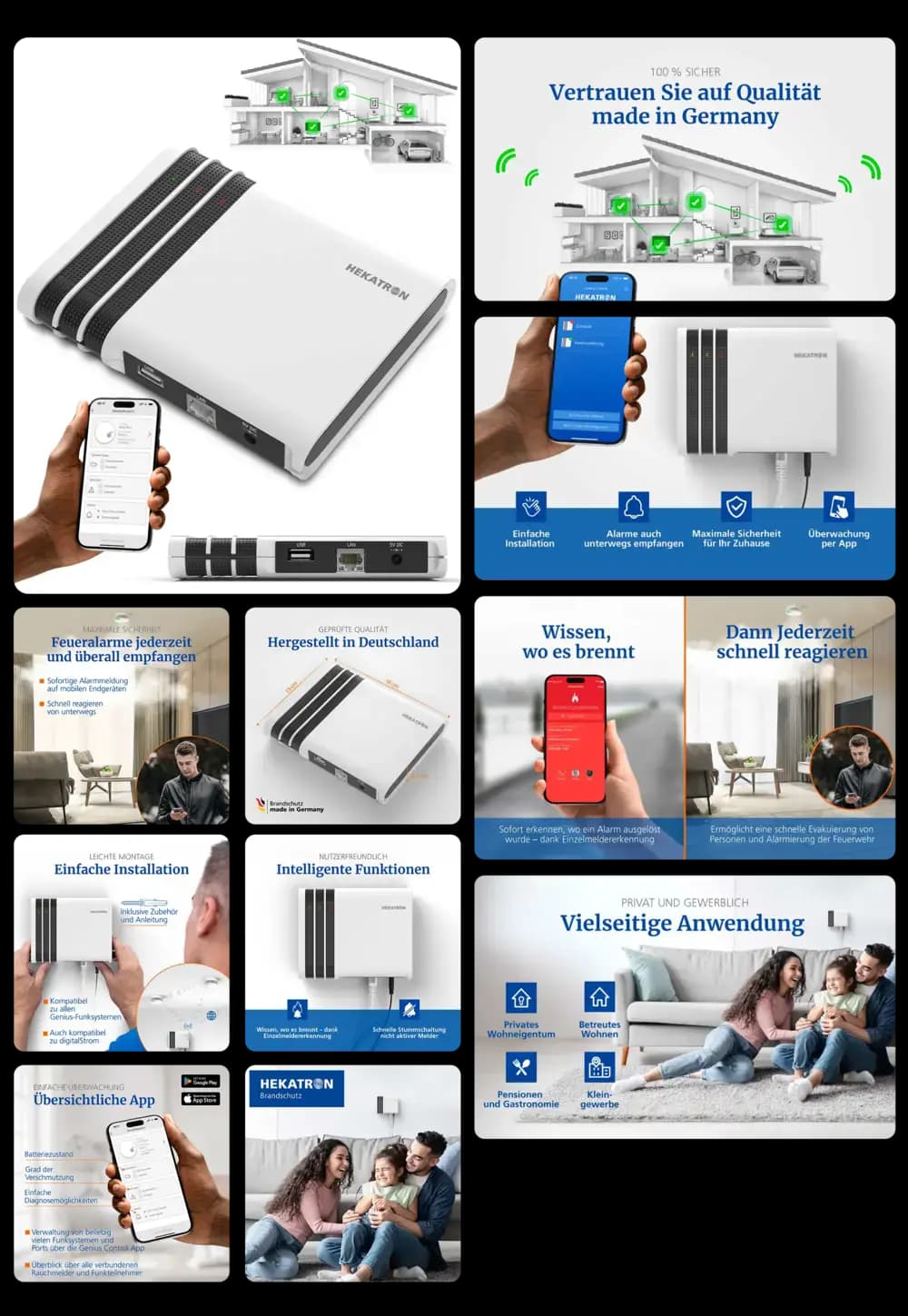 Weißes Hekatron Funkgateway für Smart Home Sicherheit, Alarmmanagement und Überwachung, mit App-Steuerung, ideal zur Vernetzung von Rauchmeldern und anderen Smart Home Geräten.