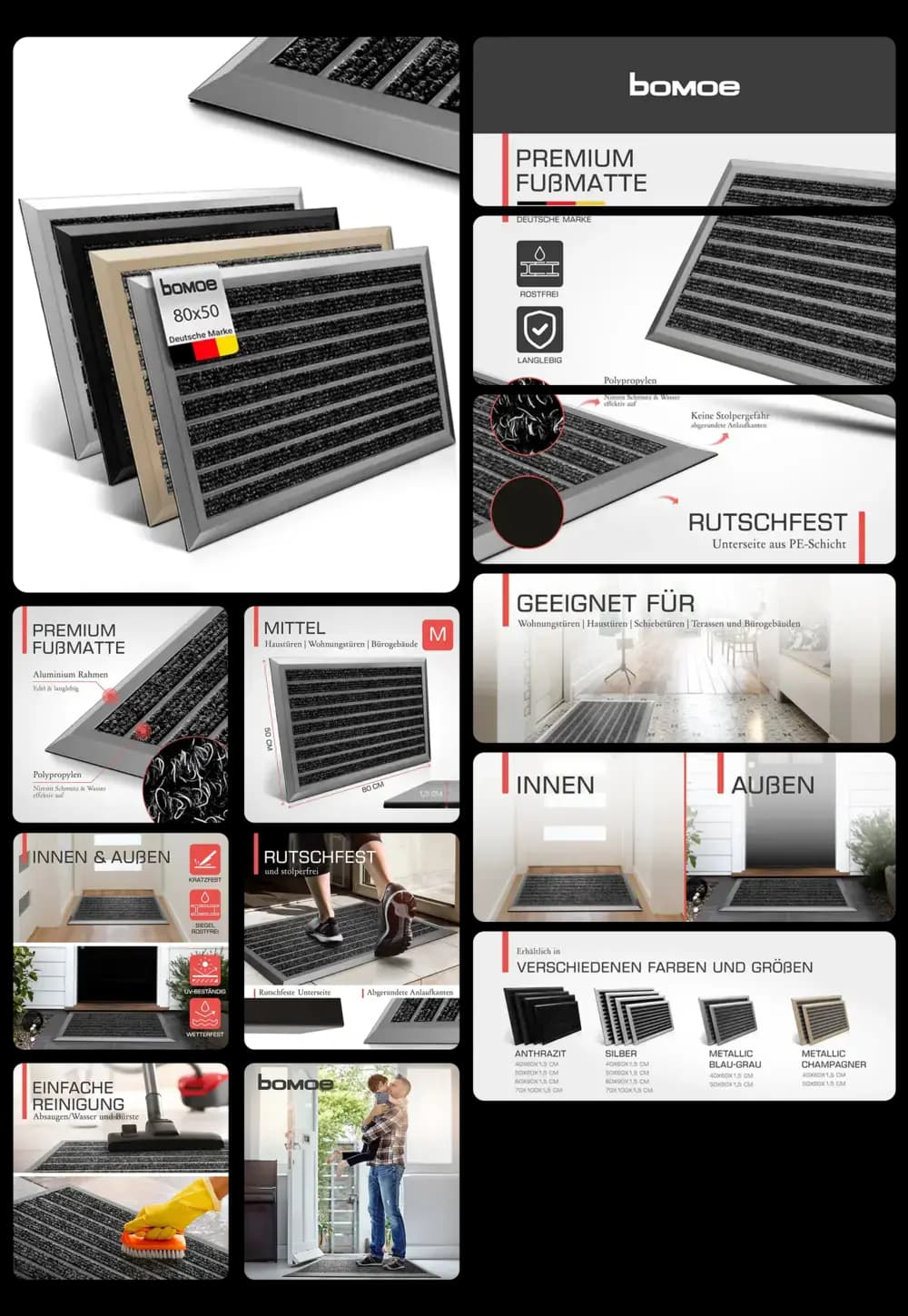 Eine Premium-Fußmatte der Marke bomoe wird in einem umfassenden Bild-Set vorgestellt. Die Bilder zeigen die Matte in verschiedenen Farben und Größen, sowohl im Innen- als auch im Außenbereich vor einer Tür. Grafiken heben die Eigenschaften wie den Aluminiumrahmen, das rutschfeste Material und die Langlebigkeit hervor. Die einfache Reinigung der Matte wird ebenfalls dargestellt.