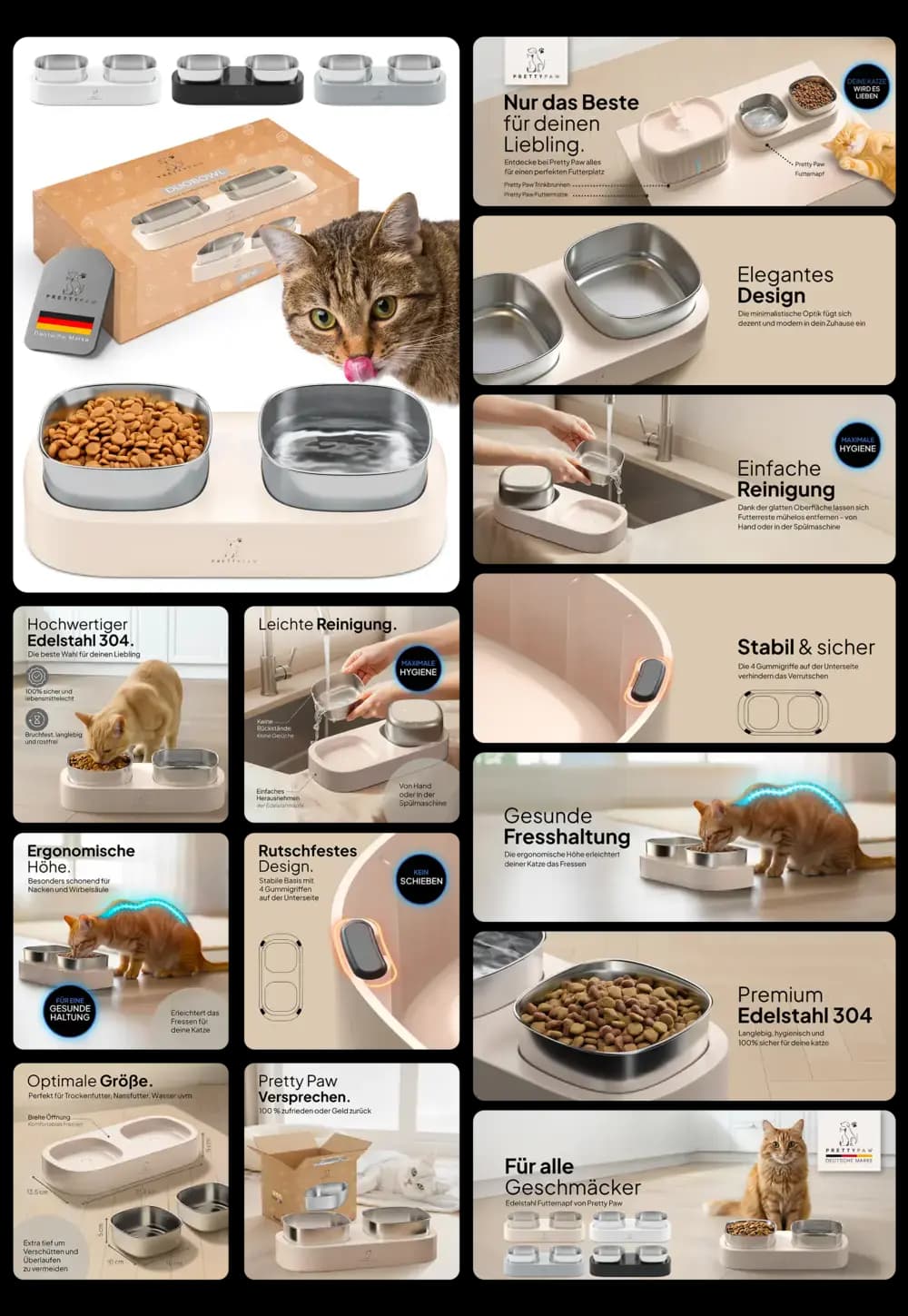 Doppel-Futternapf von KATZEHAUS mit ergonomisch erhöhter, rutschfester Basis und zwei herausnehmbaren Schalen aus Premium Edelstahl 304, beworben als hygienische Lösung für eine gesunde Fresshaltung der Katze