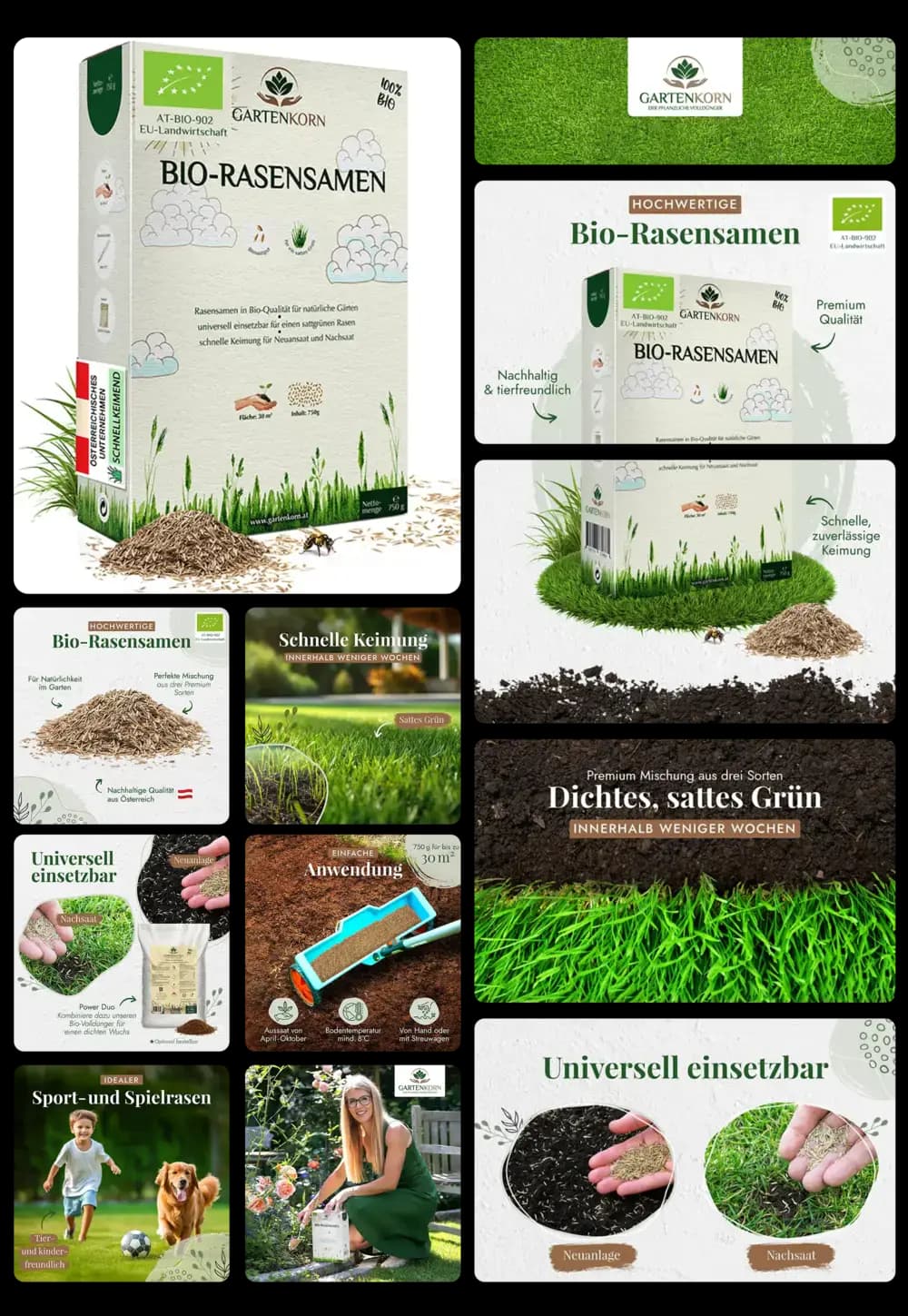 GARTENKORN Bio-Rasensamen für einen dichten, saftig grünen Rasen, mit schneller Keimung und Nachsaat-Funktion, ideal auch für Sport- und Spielrasen.