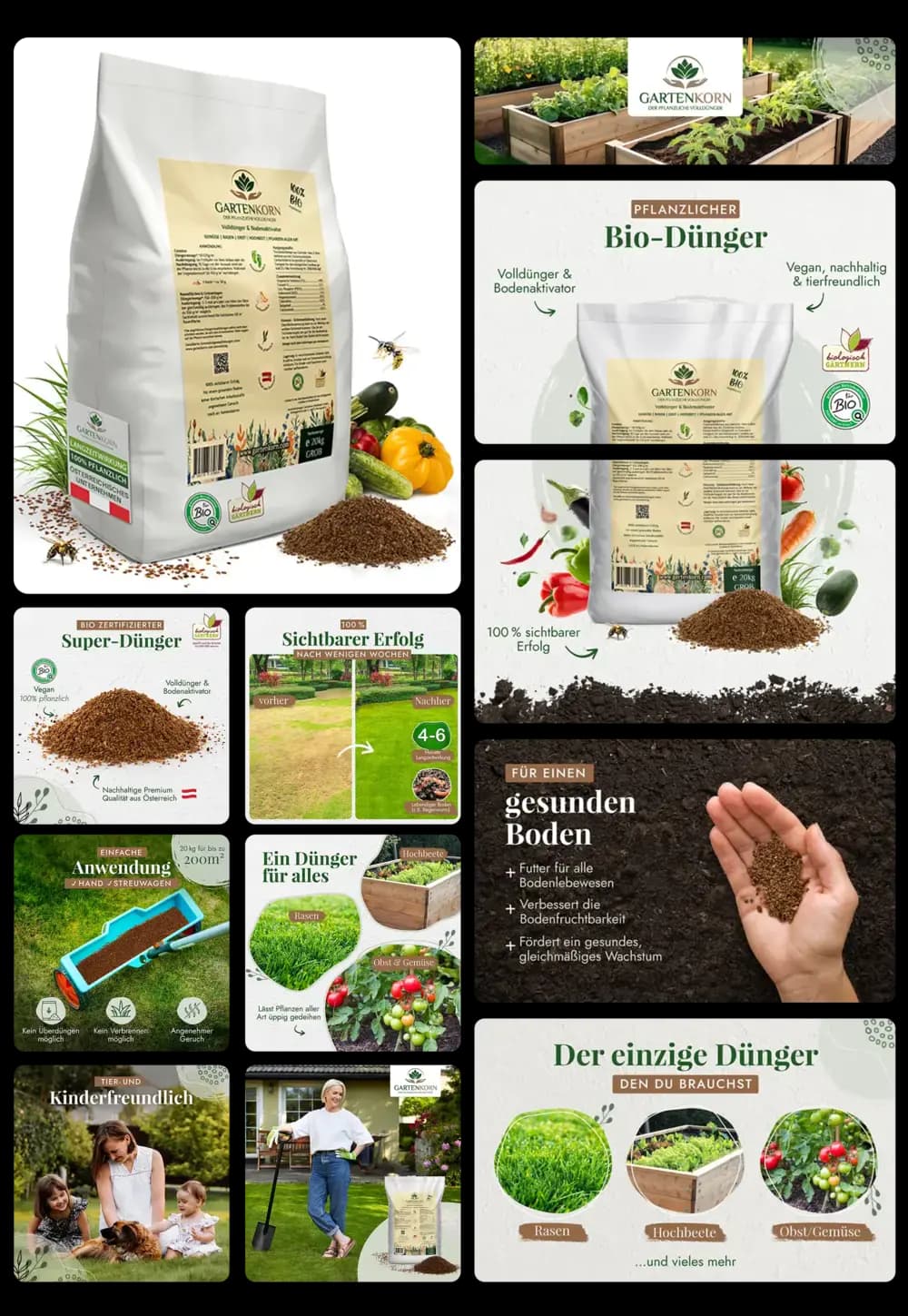 Ein Bio-Dünger namens "Gartenkorn" wird in einem detaillierten Bild-Set vorgestellt. Es zeigt eine Verpackung des Produkts, Anwendungsbeispiele in Hochbeeten, Gärten und auf dem Rasen. Grafiken heben Eigenschaften wie die pflanzliche, vegane und tierfreundliche Formulierung, die Sichtbarkeit der Ergebnisse und die Verwendung für einen gesunden Boden hervor.
