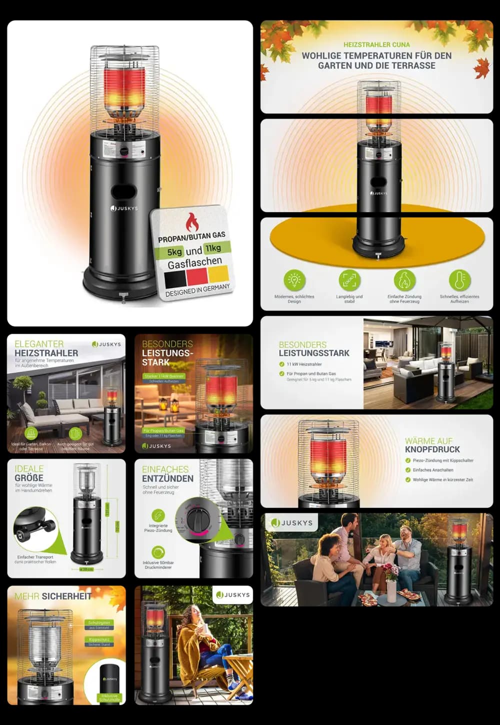 Gasbetriebener Heizstrahler von Juskys, Modell Cuna, für den Einsatz auf der Terrasse und im Garten. Das Produktbild zeigt den schwarzen Heizpilz in verschiedenen Ansichten, beleuchtet und in einer Außenumgebung.