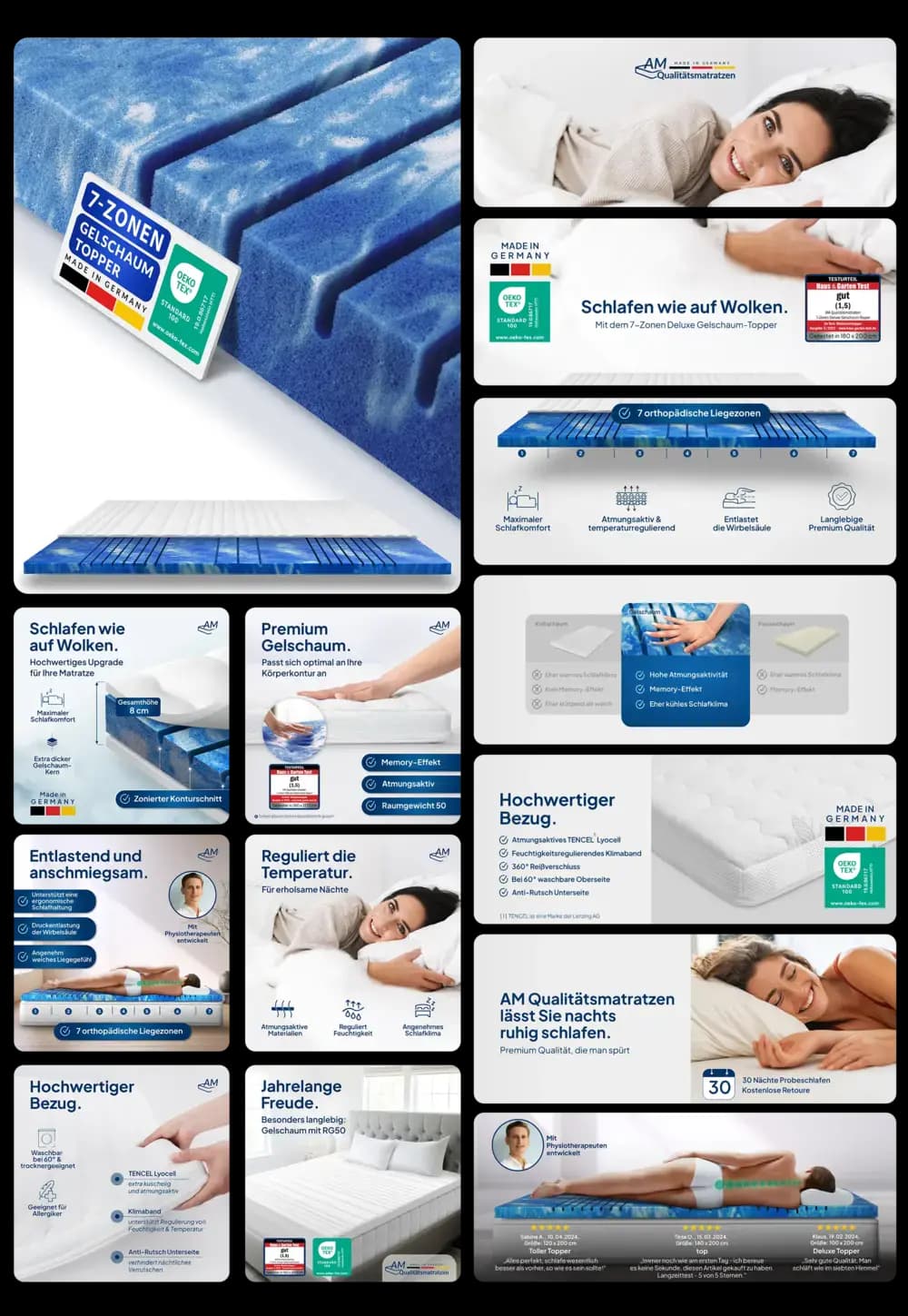 Blauer Gelschaum Topper von AM Quality Matratzen, 7-Zonen-Liegezonen, druckentlastend, atmungsaktiv, temperaturregulierend, mit Memory-Effekt für optimalen Schlafkomfort.