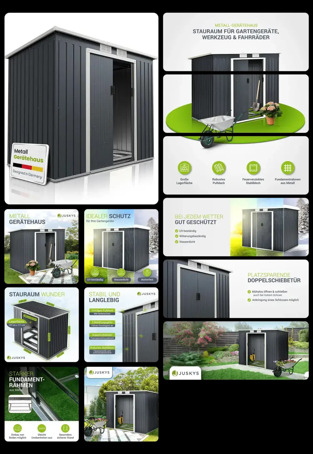 Graues Metall-Gerätehaus von Juskys, ideal zur Aufbewahrung von Gartengeräten, Werkzeugen und Fahrrädern. Das Bild zeigt das Gartenhaus aus verschiedenen Blickwinkeln und in unterschiedlichen Umgebungen, wobei die robusten und wetterfesten Eigenschaften hervorgehoben werden.