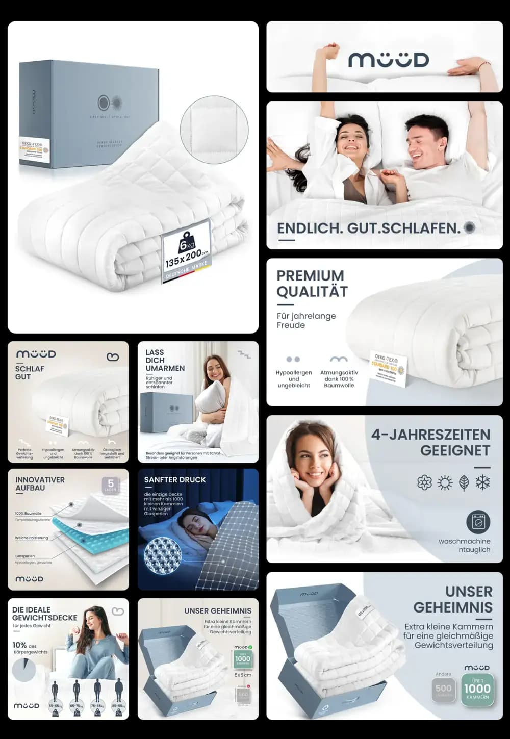 Gewichtsdecke der Marke MOOD, die für besseren Schlaf und Entspannung sorgt. Das Produktbild zeigt die Decke in ihrer Verpackung, auf einem Bett und in Gebrauch, wobei die beruhigende Wirkung und die hochwertige Füllung hervorgehoben werden.