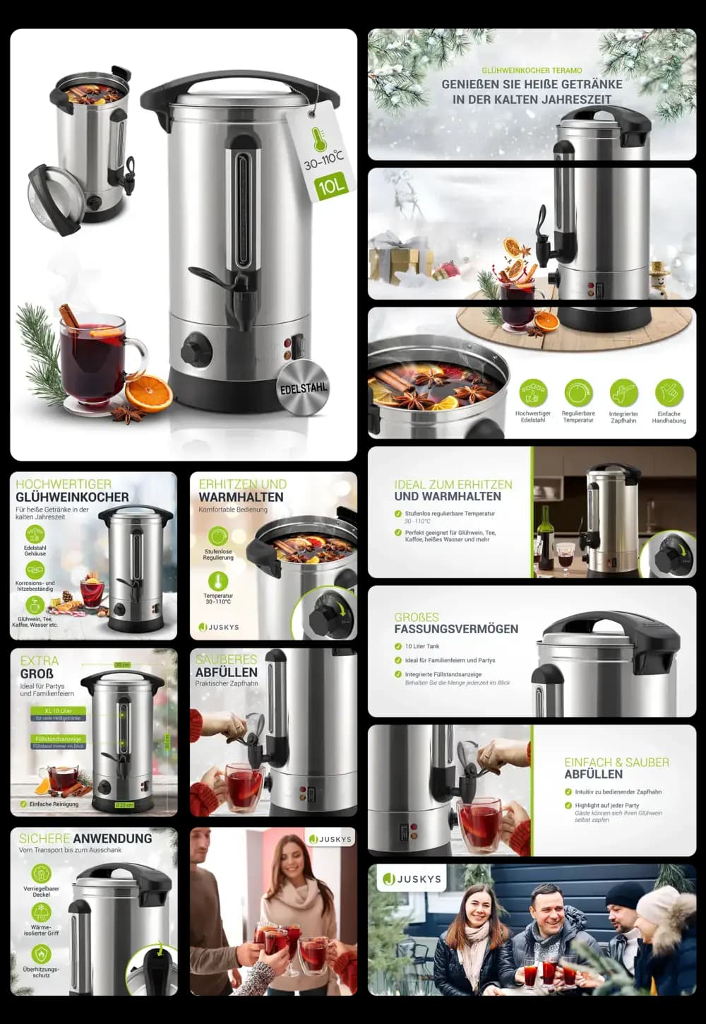Großer, hochwertiger Juskys Glühweinkocher aus Edelstahl mit 10 Liter Fassungsvermögen und Zapfhahn, ideal zum Erhitzen und Warmhalten von Glühwein, Punsch und anderen Heißgetränken.
