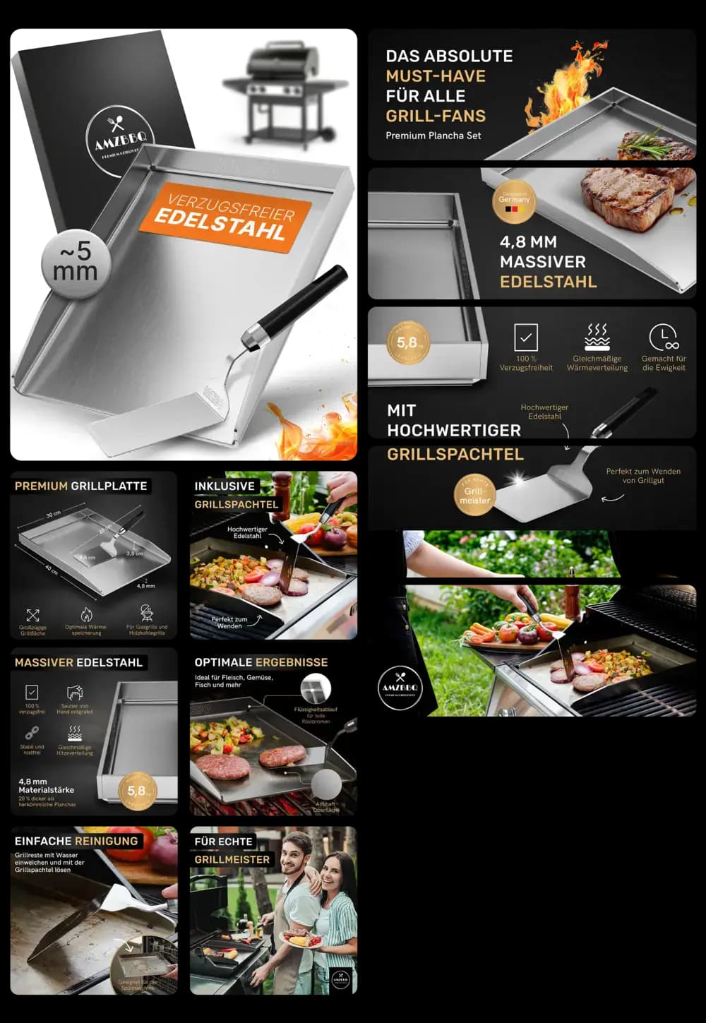 Massive Premium-Grillplatte aus 4,8 mm verzugsfreiem Edelstahl, inklusive Spatel, ideal für die Zubereitung von Fleisch, Gemüse und Meeresfrüchten auf jedem Grill.