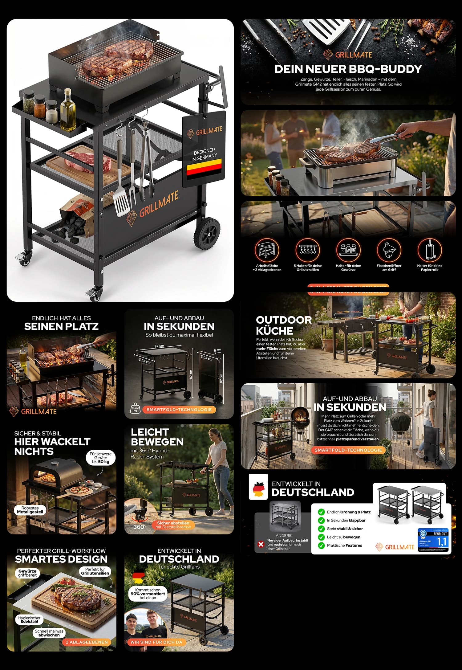 GRILLMATE mobiler klappbarer Grillwagen und Outdoor Beistelltisch aus Edelstahl mit Rollen und Zubehörhalterungen für BBQ im Garten