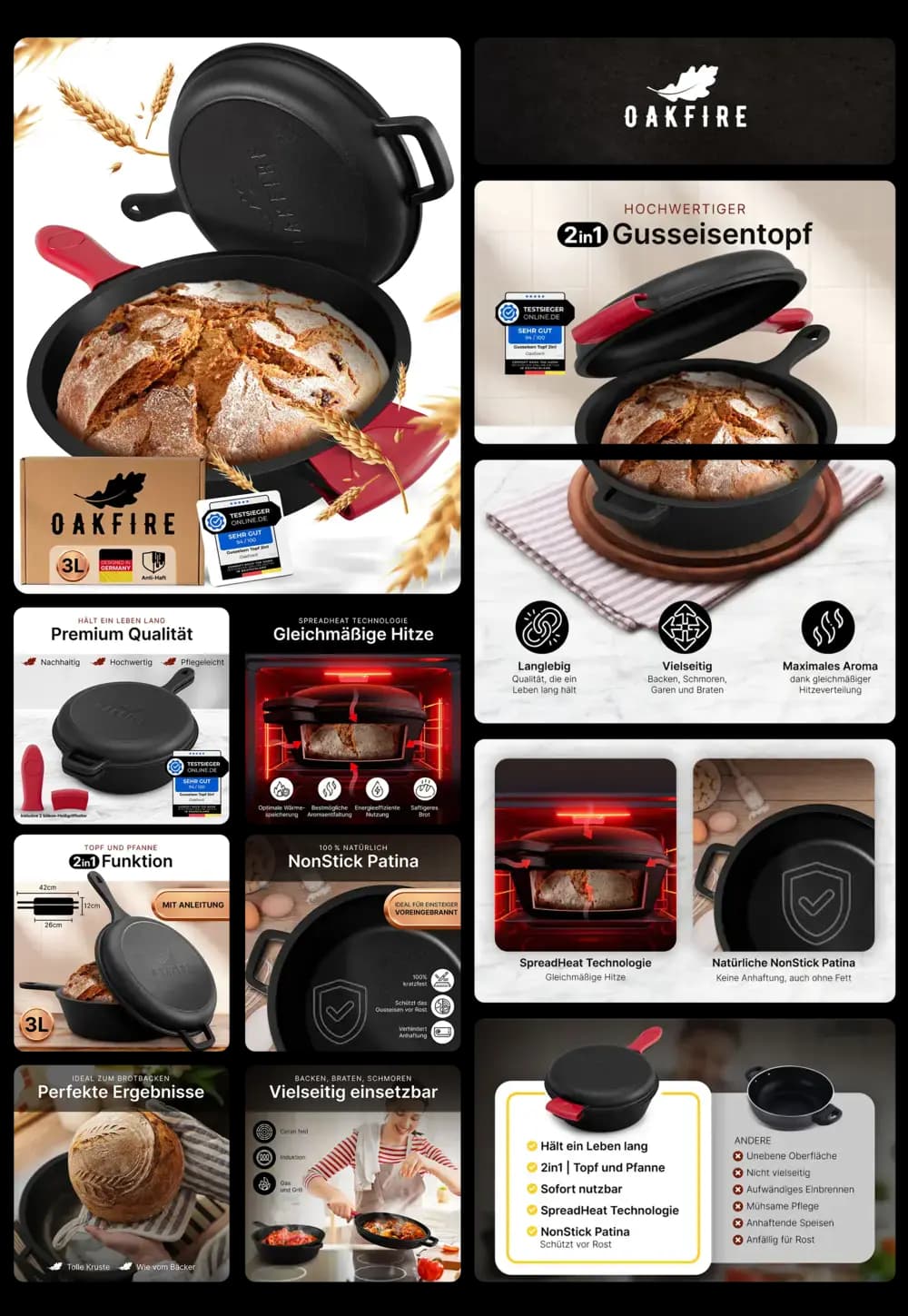 Hochwertiger Oakfire Gusseisen Topf mit Deckel und roten Griffen, 2-in-1 Funktion als Topf und Pfanne, ideal zum Backen, Braten und Schmoren, mit natürlicher Antihaft-Patina.