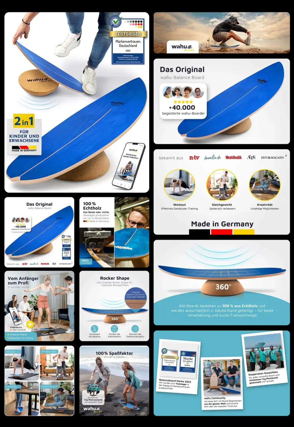 Wahu Balance Board mit blauer Oberfläche und Kork-Rolle, aus nachhaltigem Echtholz in Deutschland gefertigt, ideal für Fitness, Gleichgewichtstraining und Physiotherapie.