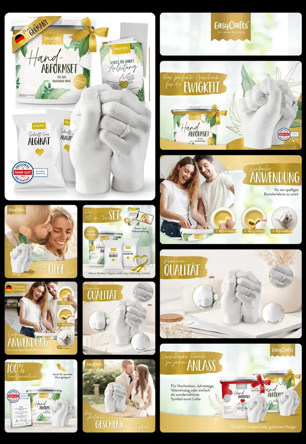 Handabdruckset von EasyCrafts zur Erstellung eines Gipsabdrucks von Händen. Das Produktbild zeigt das Set und das fertige Gipsmodell von ineinander verschlungenen Händen, sowie ein Paar, das das Set gemeinsam verwendet.