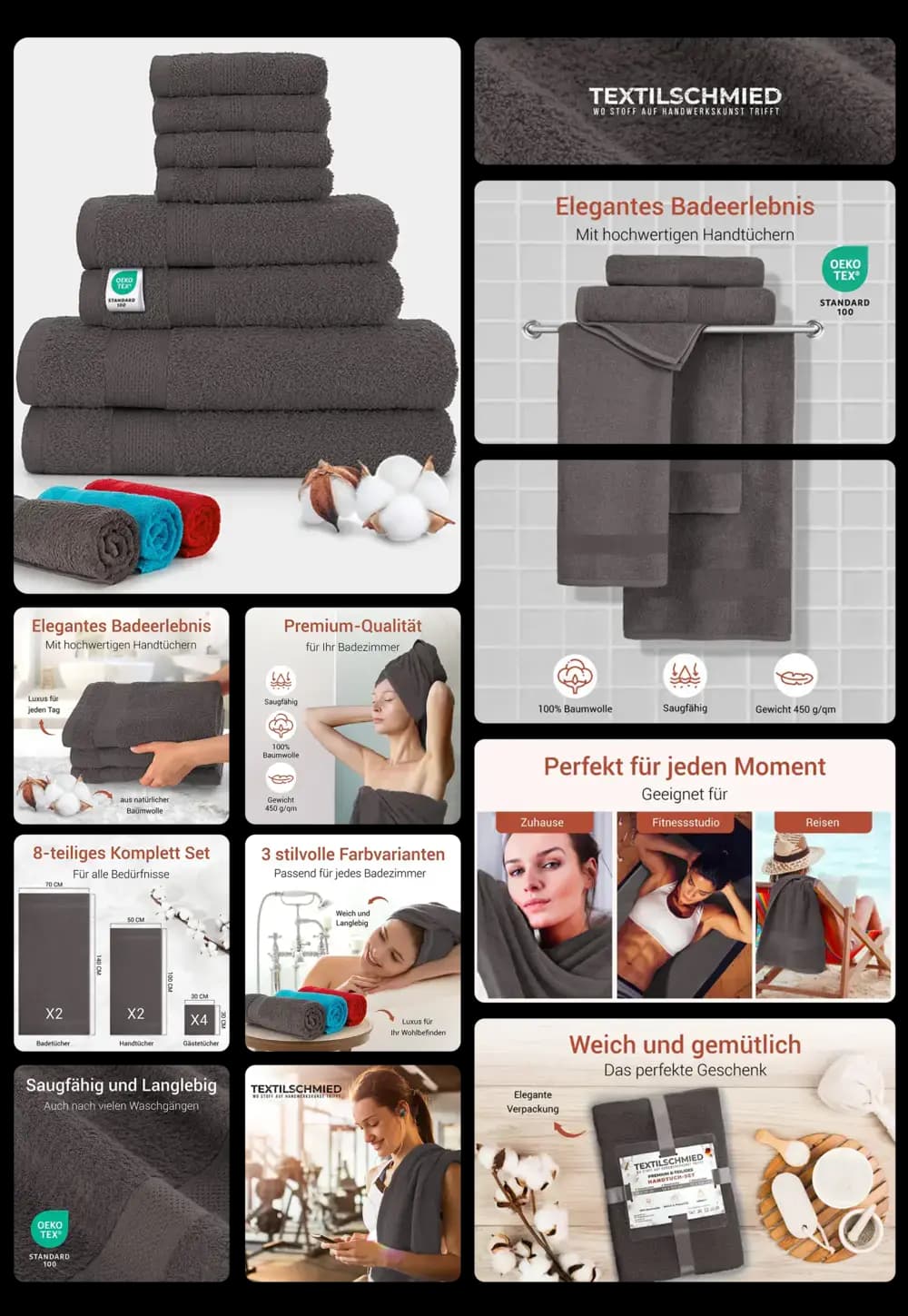 Set aus grauen und farbigen Handtüchern von Textilschmied. Das Bild zeigt das 8-teilige Set gestapelt, einzeln und im Gebrauch in verschiedenen Situationen wie Badezimmer, Fitnessstudio und auf Reisen.