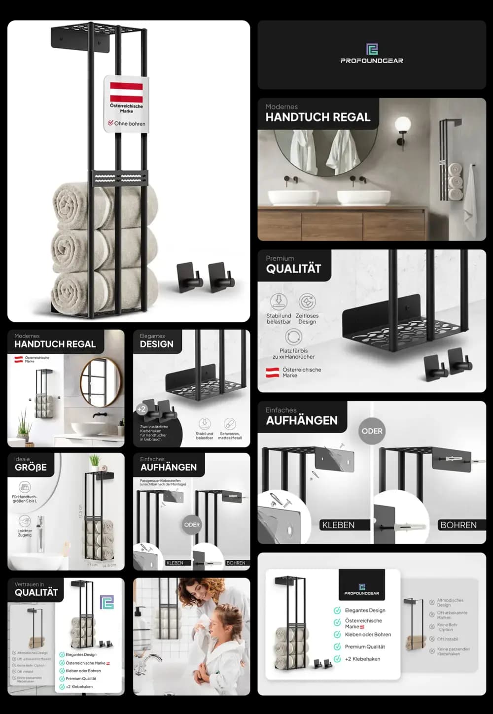Schwarzes Handtuchregal aus Metall, zur Wandmontage im Badezimmer, mit Platz für mehrere gerollte Handtücher und zwei zusätzlichen Klebehaken.