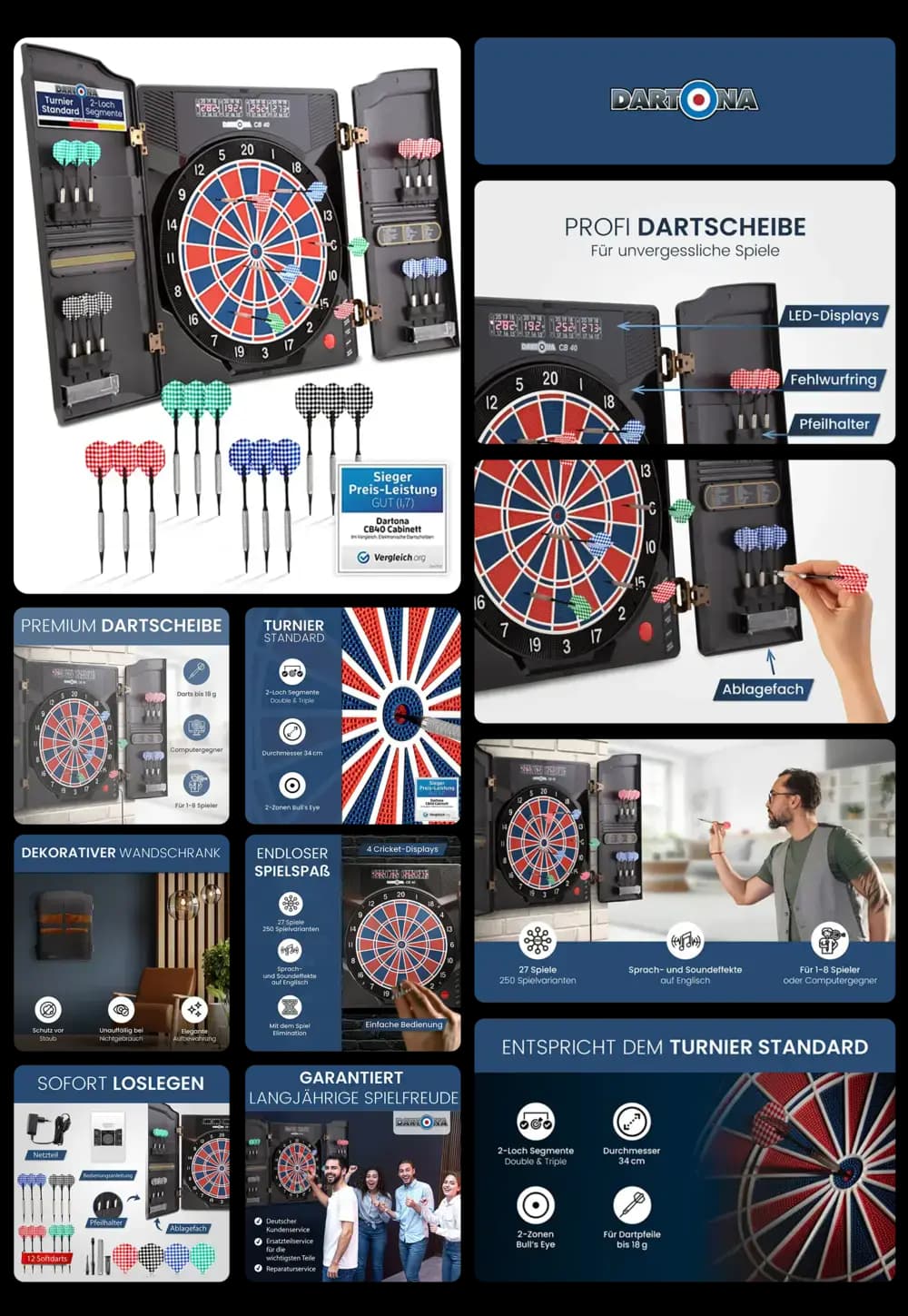 Elektronisches Dartboard Heiku-Dartona CB40 im klappbaren Schrank, mit Softdarts, LED-Displays und digitalem Anzeigefeld.