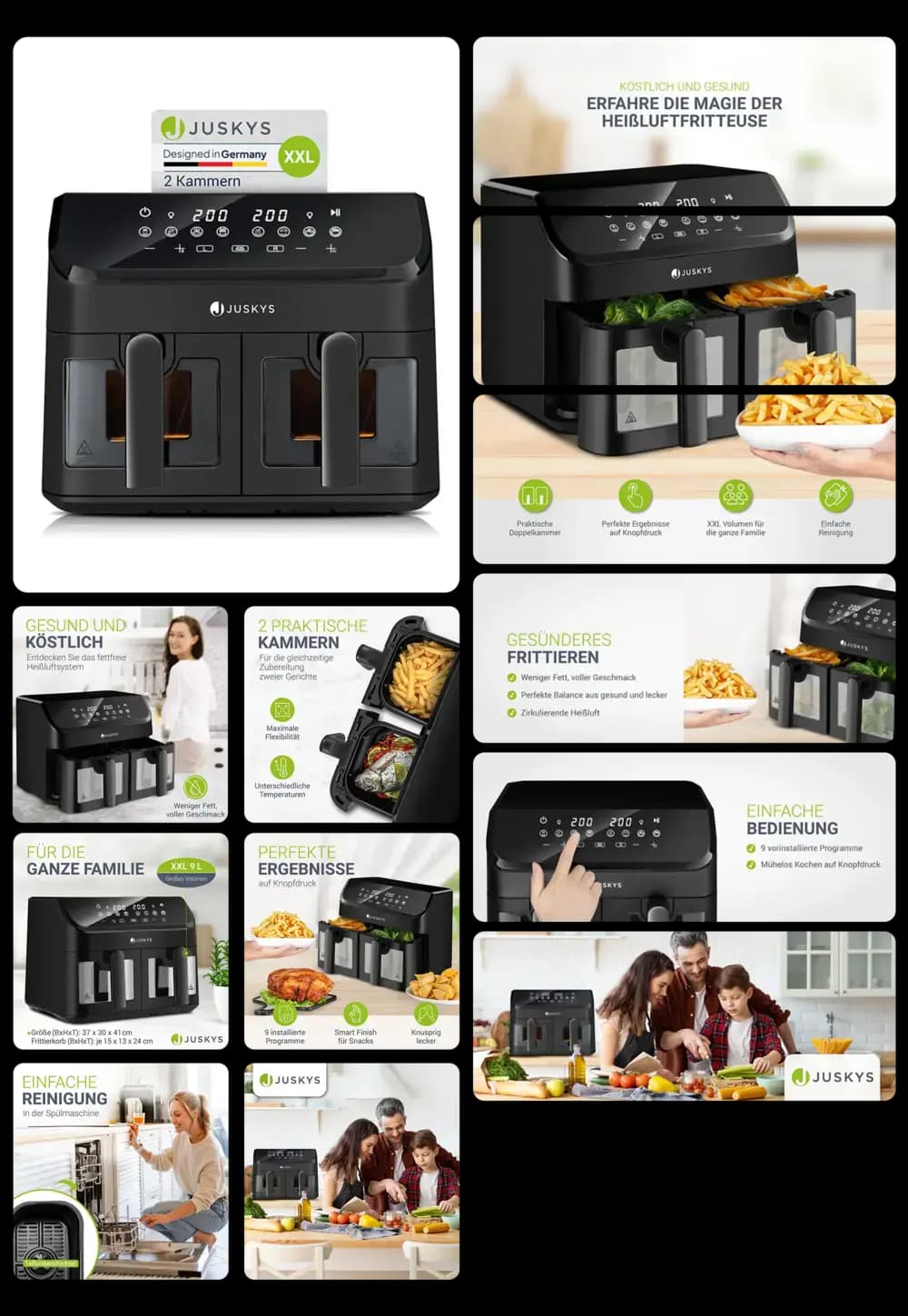 Doppelkammer-Heißluftfritteuse von Juskys, ideal für fettarmes Kochen. Das Bild zeigt das schwarze Küchengerät mit seinen beiden Körben, die mit Pommes gefüllt sind, und hebt die einfache Handhabung und die gesunden Kochergebnisse hervor.