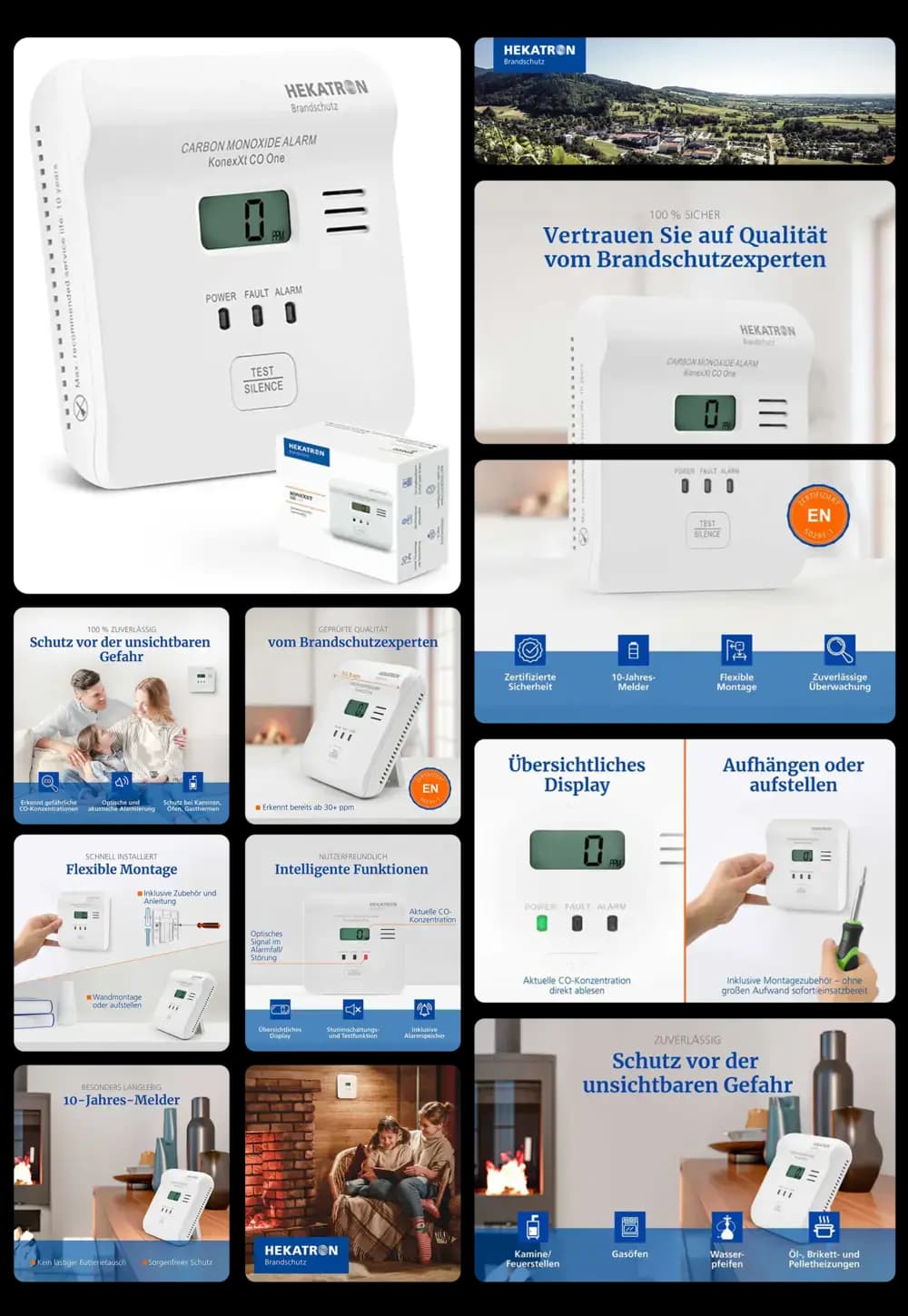 Hekatron Carbon Monoxide Alarm Konexy CO One, ein digitaler Kohlenmonoxid-Warnmelder mit LCD-Anzeige, der vor unsichtbarer Gefahr schützt und flexibel montiert werden kann.