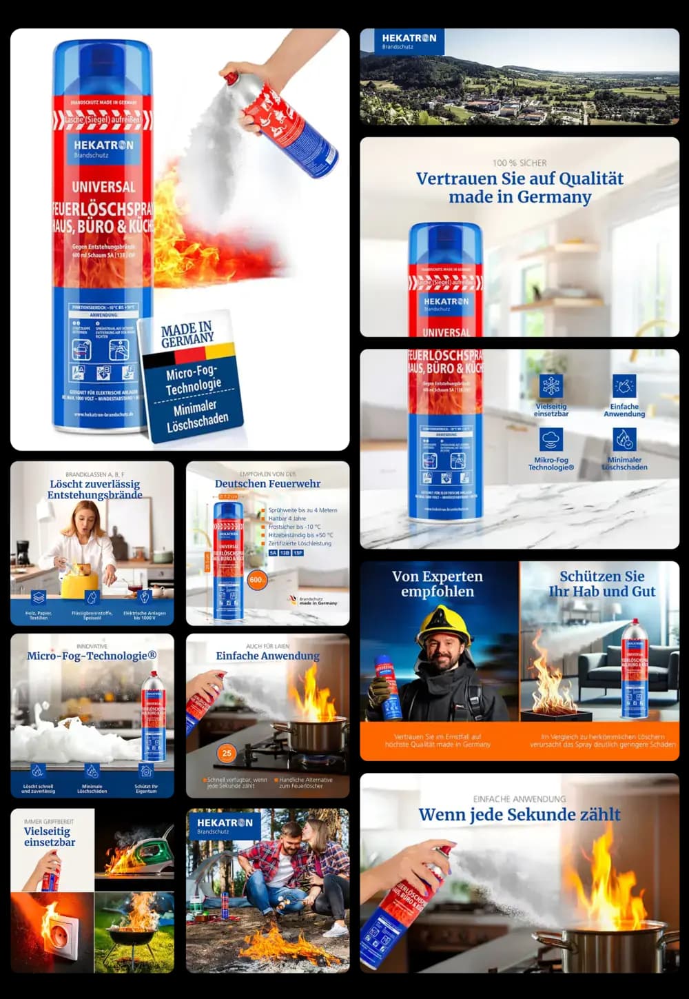 Hekatron Universal Feuerlöschspray in roter Dose mit Micro-Fog-Technologie, ideal für den schnellen und einfachen Einsatz bei Bränden im Haushalt, Büro oder in der Küche.