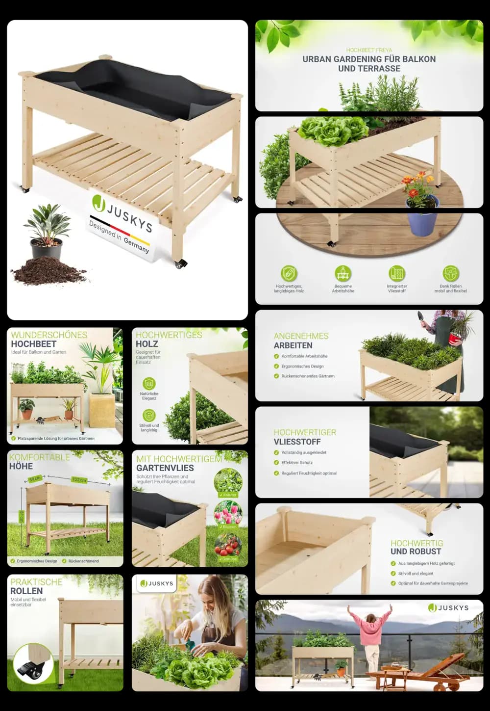 Hochwertiges Juskys Hochbeet "Freya" aus hellem Holz mit integriertem Pflanzsack und Ablagefläche, auf Rollen, ideal für Urban Gardening auf Balkon, Terrasse oder im Garten.