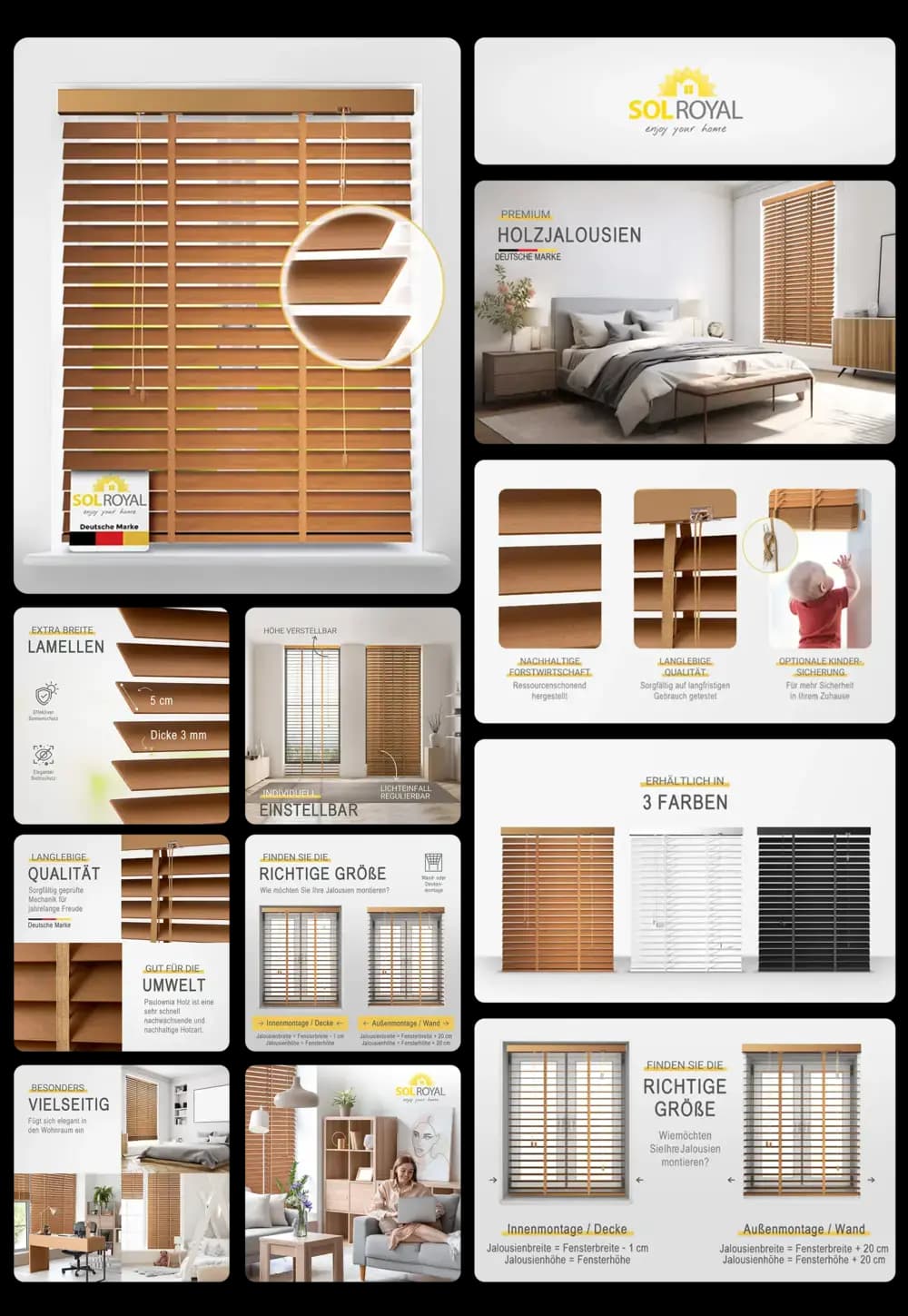 Premium-Holzjalousien der Marke Sol Royal. Das Produktbild zeigt die Jalousien in einer hellen Holzfarbe, an einem Fenster montiert, sowie Details wie die Lamellenbreite und verschiedene Anwendungsbeispiele in einem Schlaf- und Wohnzimmer.