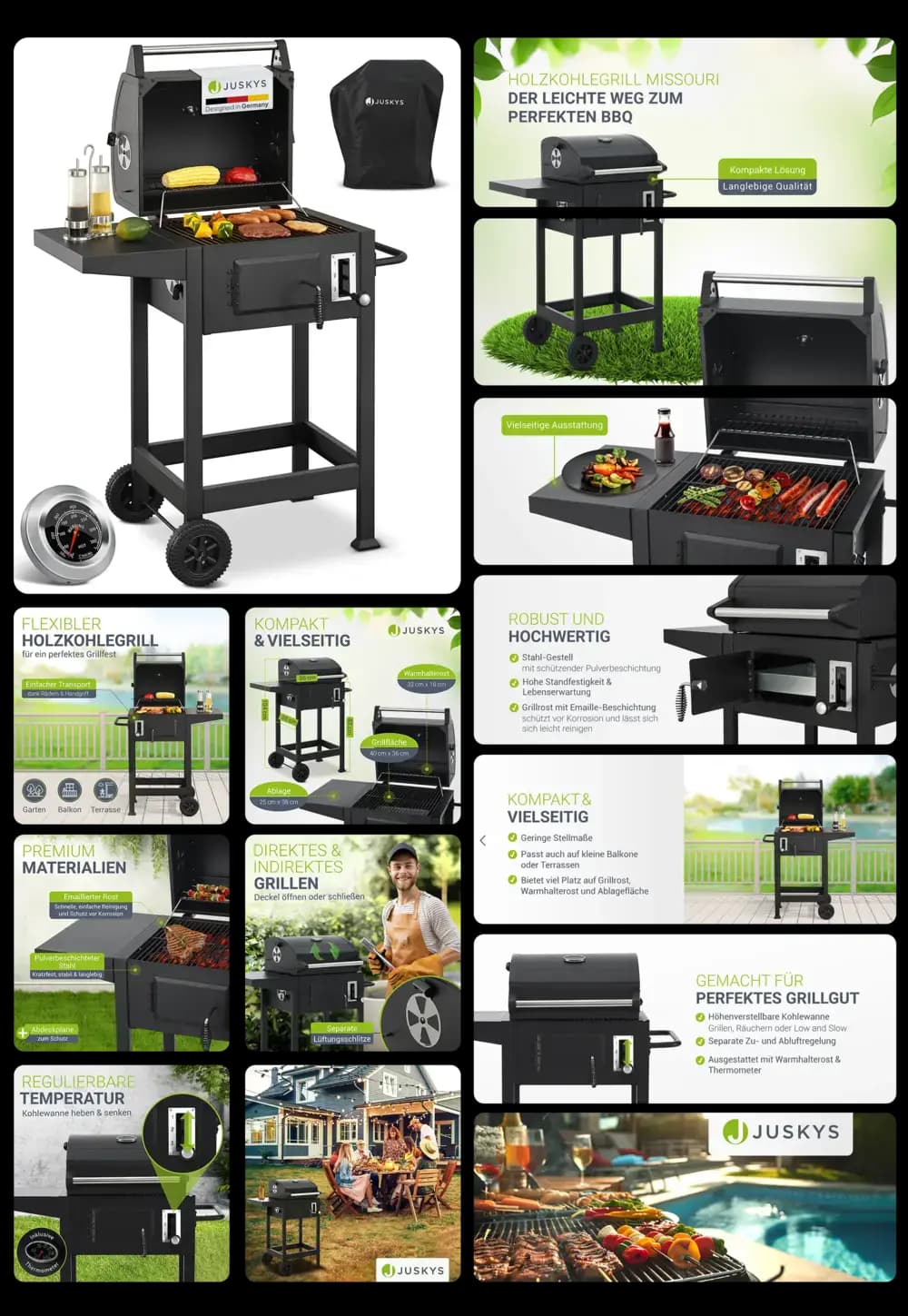 Schwarzer Juskys Holzkohlegrill "Missouri" mit Rollen, integriertem Thermometer, Seitenablage und Aschefang, ideal für direktes und indirektes Grillen im Garten oder auf der Terrasse.