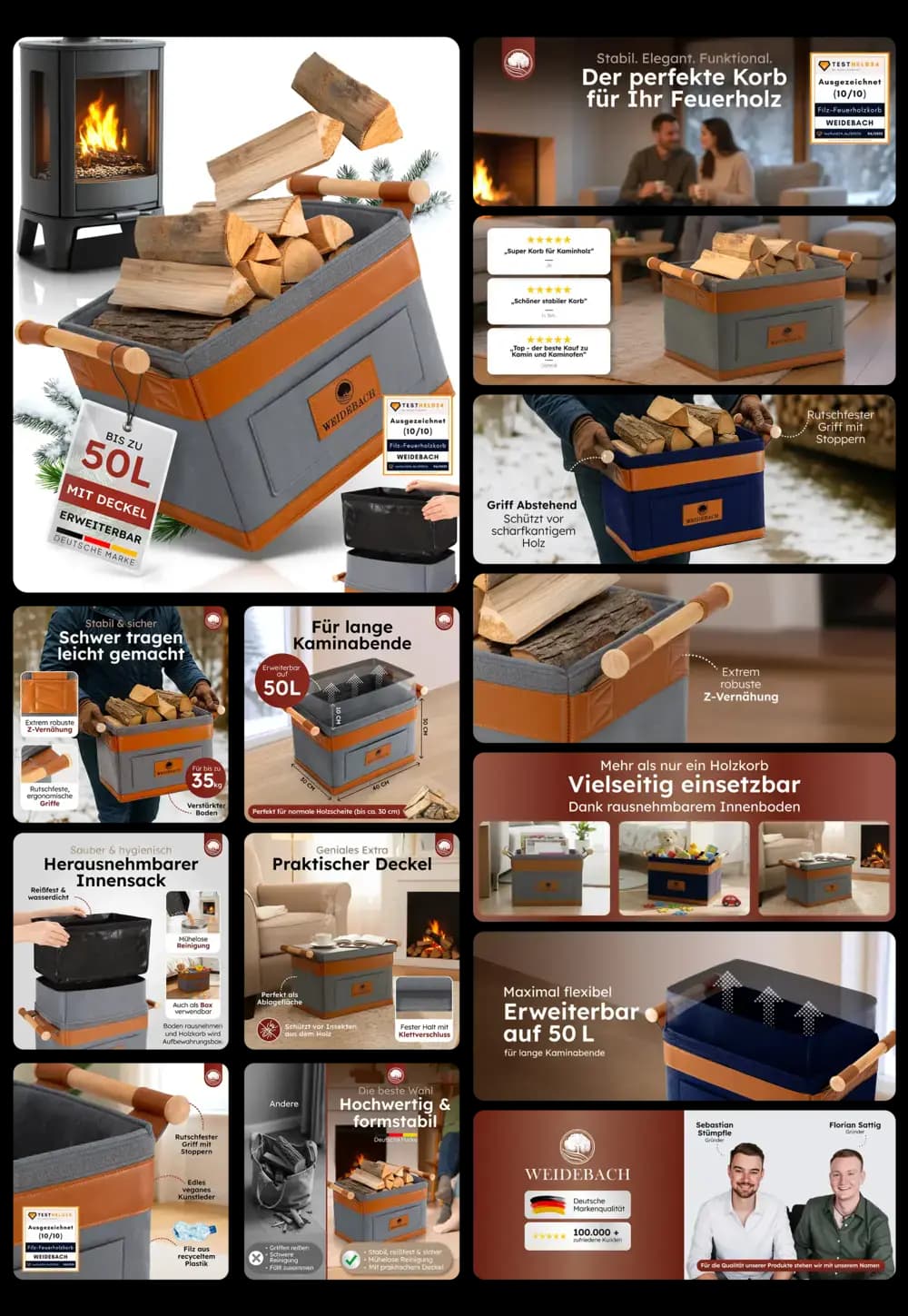 Grau-orangener, faltbarer WEIDEBACH Holzkorb für Kaminholz (bis zu 50 Liter) mit stabilen Holzgriffen und herausnehmbarem Innensack, beworben als elegante, robuste und flexible Lösung zur Lagerung und zum Transport von Brennholz