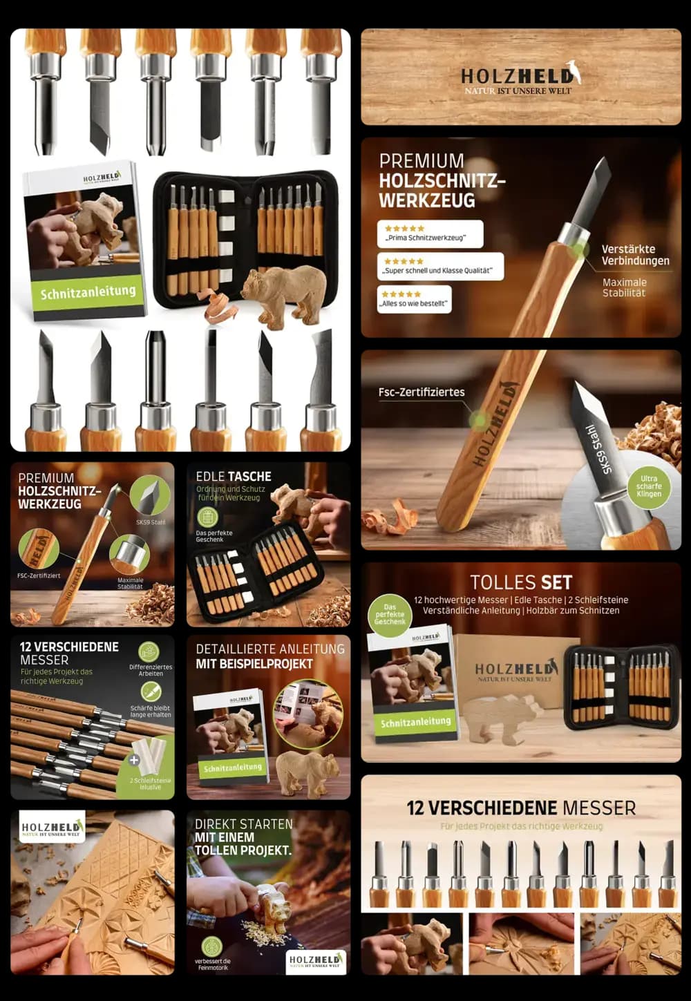 HOLZHELD Premium Holzschnitzwerkzeug-Set mit 12 verschiedenen Schnitzmessern in einer edlen Tasche, inklusive Schnitzanleitung und Schärfsteinen, ideal für Einsteiger und Profis.