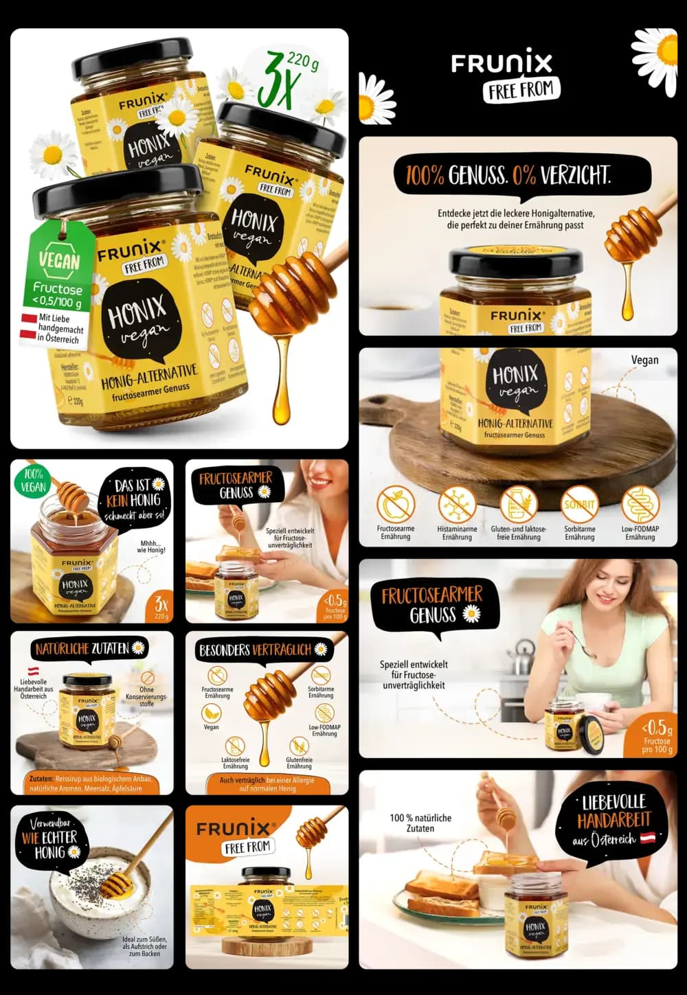 Set aus drei Gläsern Honig-Alternative von FRUNIX FREE FROM. Das Bild zeigt die Gläser, einen Löffel mit dem goldgelben Sirup und Anwendungsbeispiele wie auf Brot und in Joghurt.
