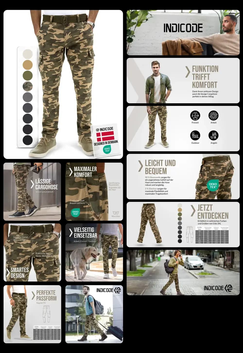 Modische Herren Cargohose "Dired-Tarnung" von Indicode in Camouflage-Muster, OEKO-TEX zertifiziert, mit praktischen Seitentaschen, designed für Komfort und Vielseitigkeit im Alltag und Outdoor.
