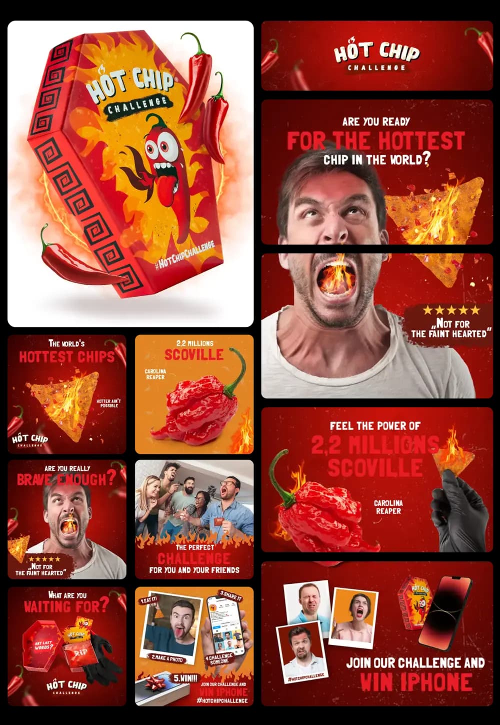 Packung der "Hot Chip Challenge" mit Carolina Reaper Chilli und feurigen Chips, präsentiert als extrem scharfer Snack für eine Mutprobe und Genuss-Herausforderung.