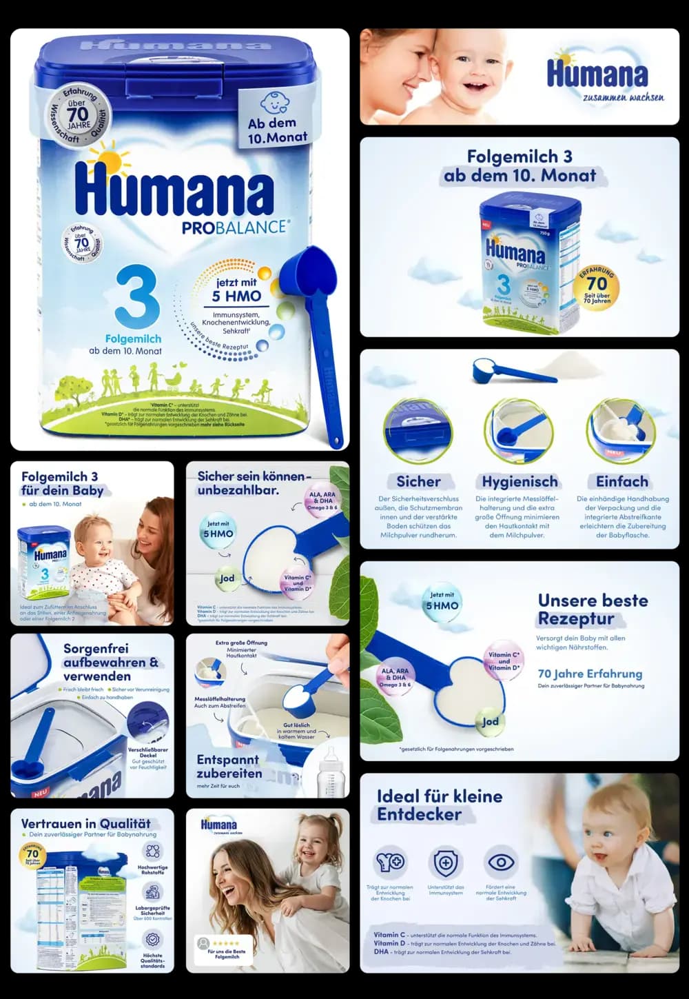 Dose der Babynahrung Humana PROBALANCE® mit blauem Messlöffel, gezeigt im Kontext der Zubereitung und in der Anwendung