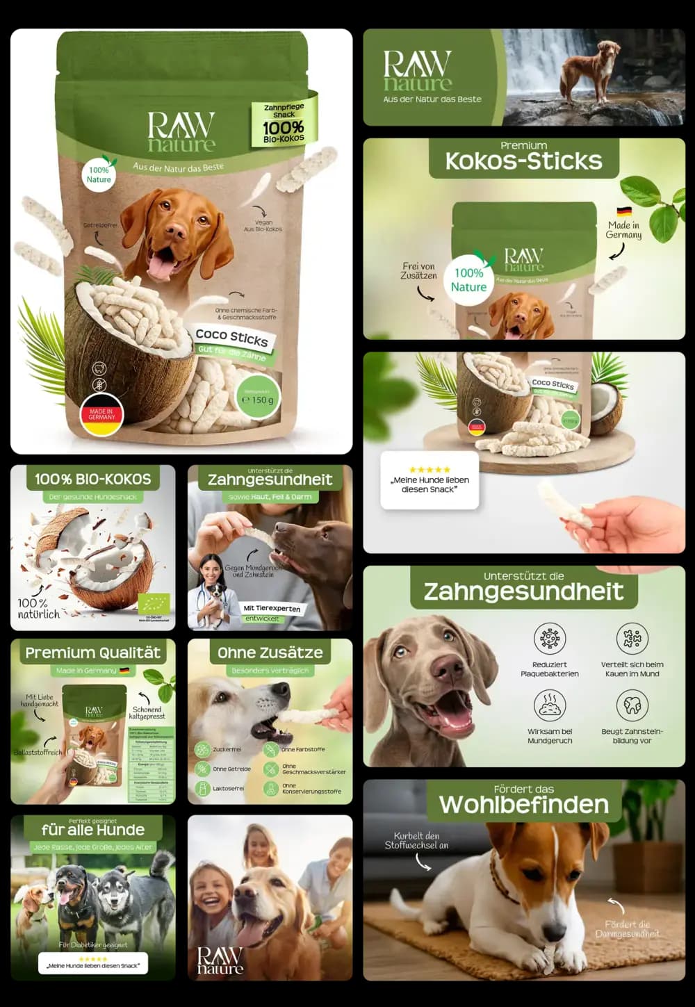 Tüte RAW Nature Premium Kokos-Sticks für Hunde, beworben als 100% natürlicher und veganer Hundesnack aus Bio-Kokos, der zur Unterstützung der Zahngesundheit und Reduzierung von Plaque beiträgt, hergestellt in Deutschland