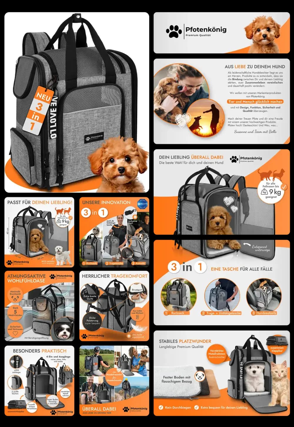 Grauer Hunderucksack, der als Rucksack, Tragetasche und Hundeautositze genutzt werden kann, mit Belüftungsfenstern und weichem Boden, ideal für den Transport von kleinen Hunden und Welpen.