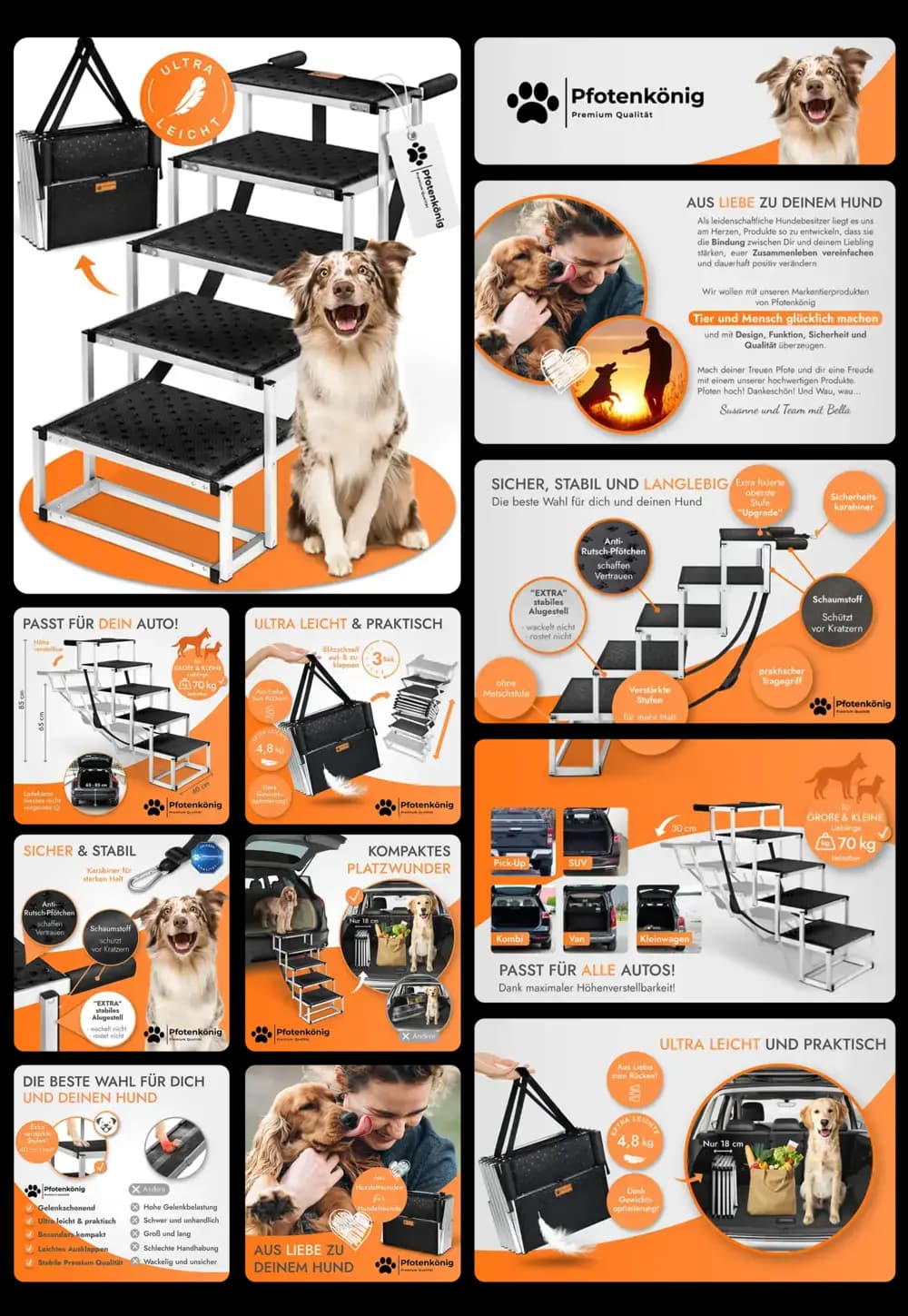 Hundetreppe von Pfotenkönig, eine kompakte, faltbare und rutschfeste Einstiegshilfe mit 4 Stufen, ideal für kleine bis mittelgroße Hunde zum einfachen Aufstieg in Autos oder auf Möbel.