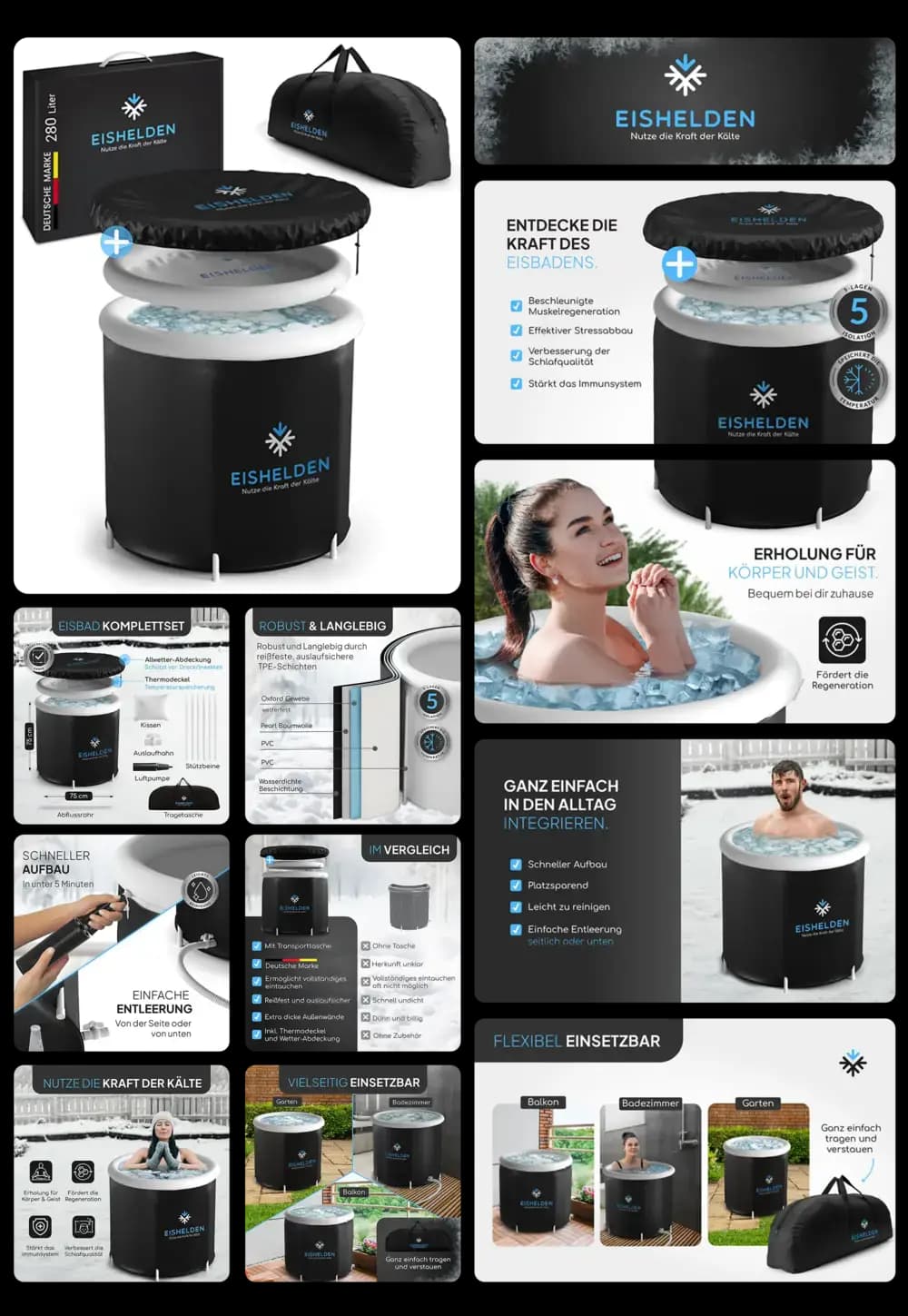 EISHELDEN Ice Bath, ein tragbares Eisbad-Komplettset in Schwarz mit Deckel, ideal zur Kältetherapie, Muskelregeneration und Stressabbau nach dem Sport.