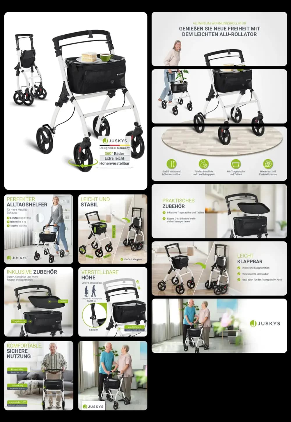 Weißer Aluminium-Indoor-Rollator von Juskys mit Einkaufstasche und Tablett. Das Produktbild zeigt die Gehhilfe in verschiedenen Ansichten und Anwendungsbereichen, wobei die leichte Bauweise, die Höhenverstellbarkeit und die klappbare Funktion hervorgehoben werden.