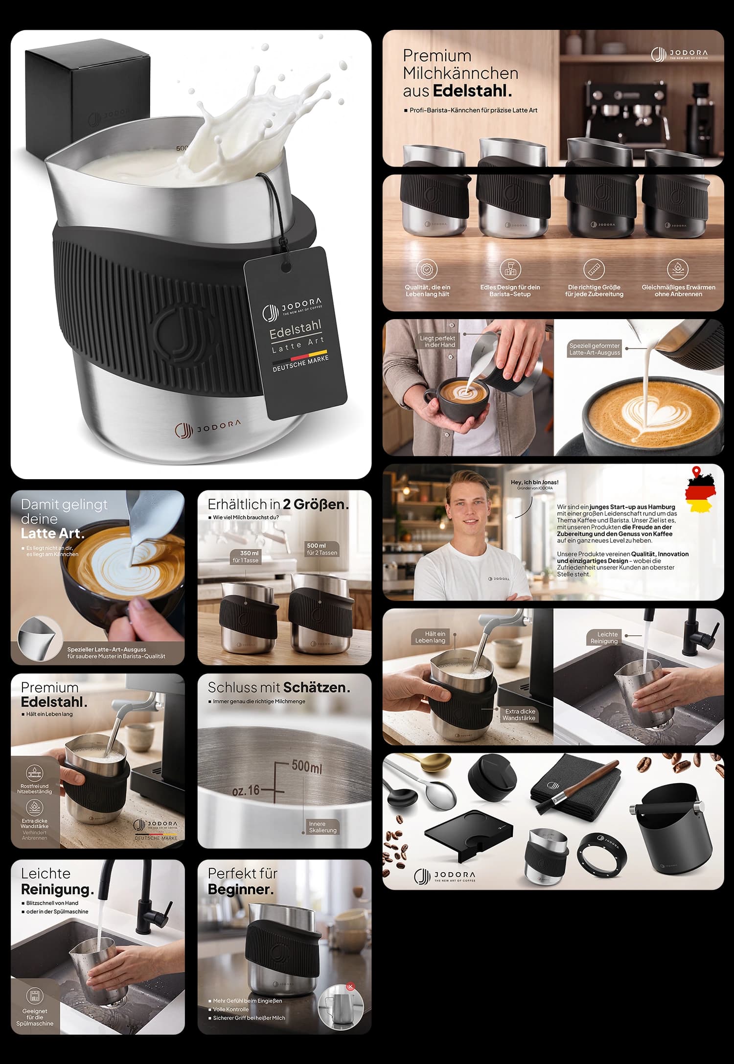 JODORA Milchkännchen aus Edelstahl ohne Henkel mit Silikonhülle und Messskala für Latte Art und Barista Milchschaum